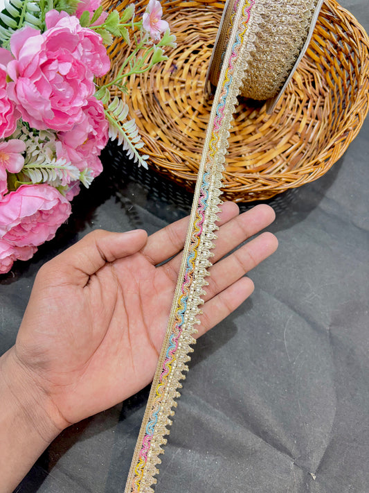 Beautiful Multicoloured Flower Pipe Work Zari Embroidered Saree Laces – 9 Meter Designer Border | Multi 1inch width