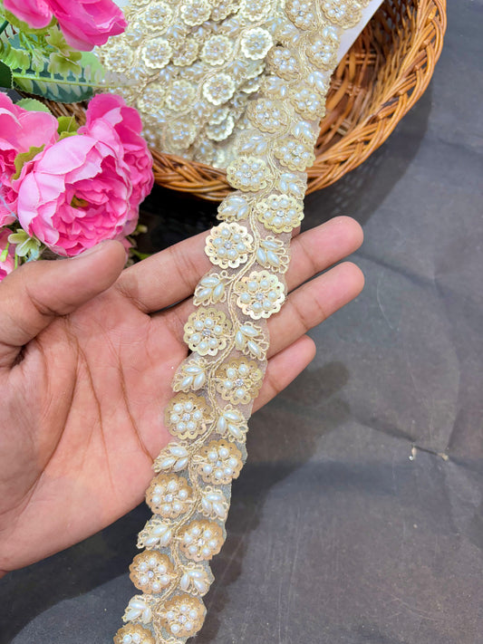 Beautiful lite gold Flower Pipe Work Zari Embroidered Saree Laces – 9 Meter Designer Border