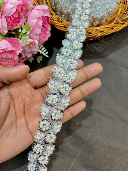 Beautiful silver Flower Pipe Work Zari Embroidered Saree Laces – 9 Meter Designer Border | 1