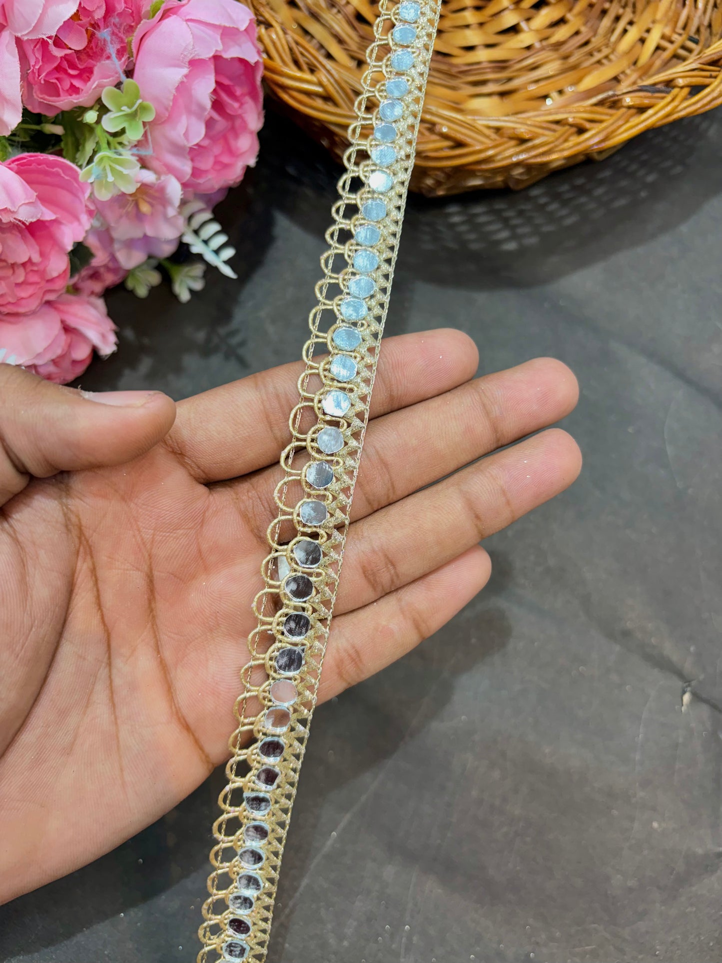 Deep's Creation Real Mirror Lace Border – 9 Meters, 1-Inch Handcrafted Reflective Trim for Sarees, Lehengas & Dupattas - Light Gold