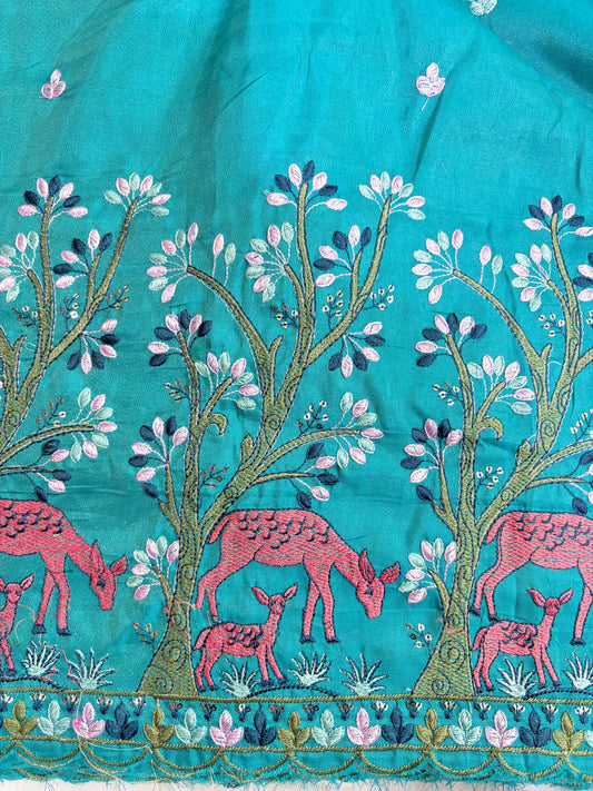 Premium tissue Embroidered Border Fabric – Designer Wildlife & Floral Work 44inch width