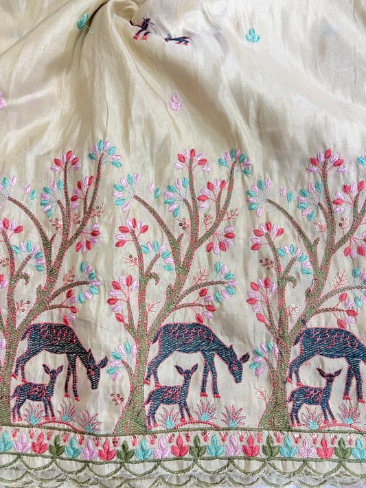 Premium tissue Embroidered Border Fabric – Designer Wildlife & Floral Work 44inch width