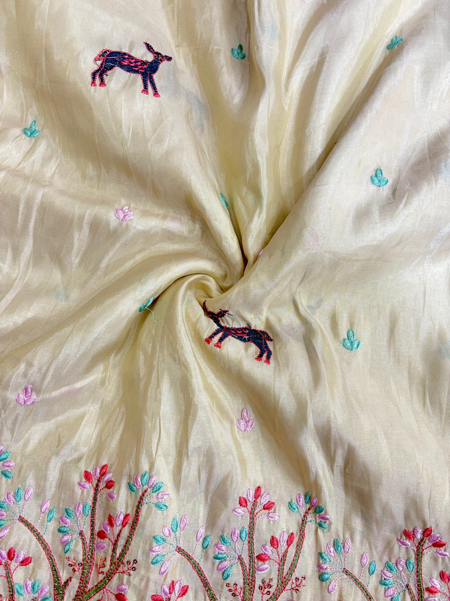 Premium tissue Embroidered Border Fabric – Designer Wildlife & Floral Work 44inch width