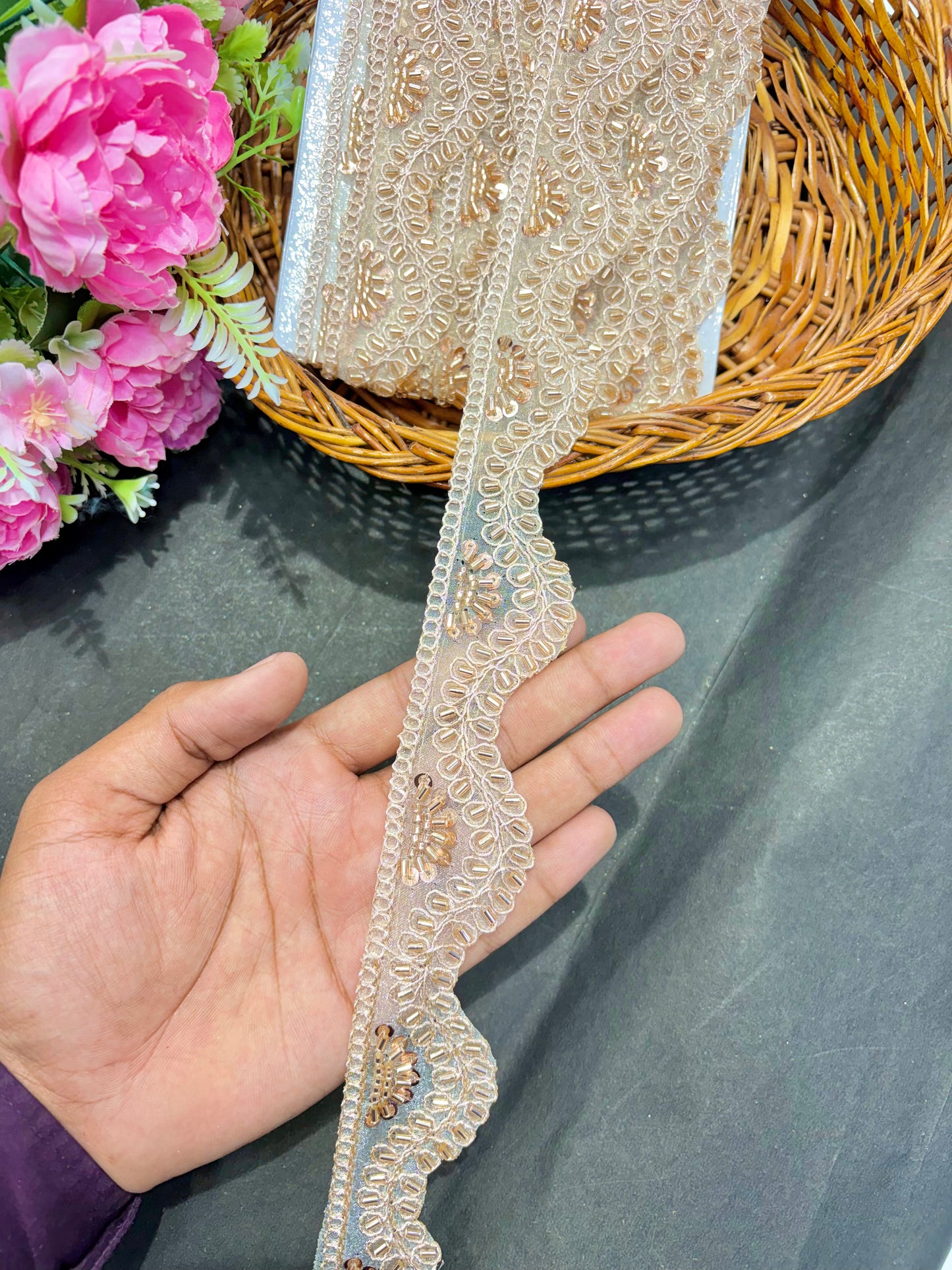 Handwork Lace Borders β Premium Quality, Intricate Embellishments for Sarees, Lehengas, Dupattas, and Luxury Home Decor - Gold pack of 9 merter rose gold