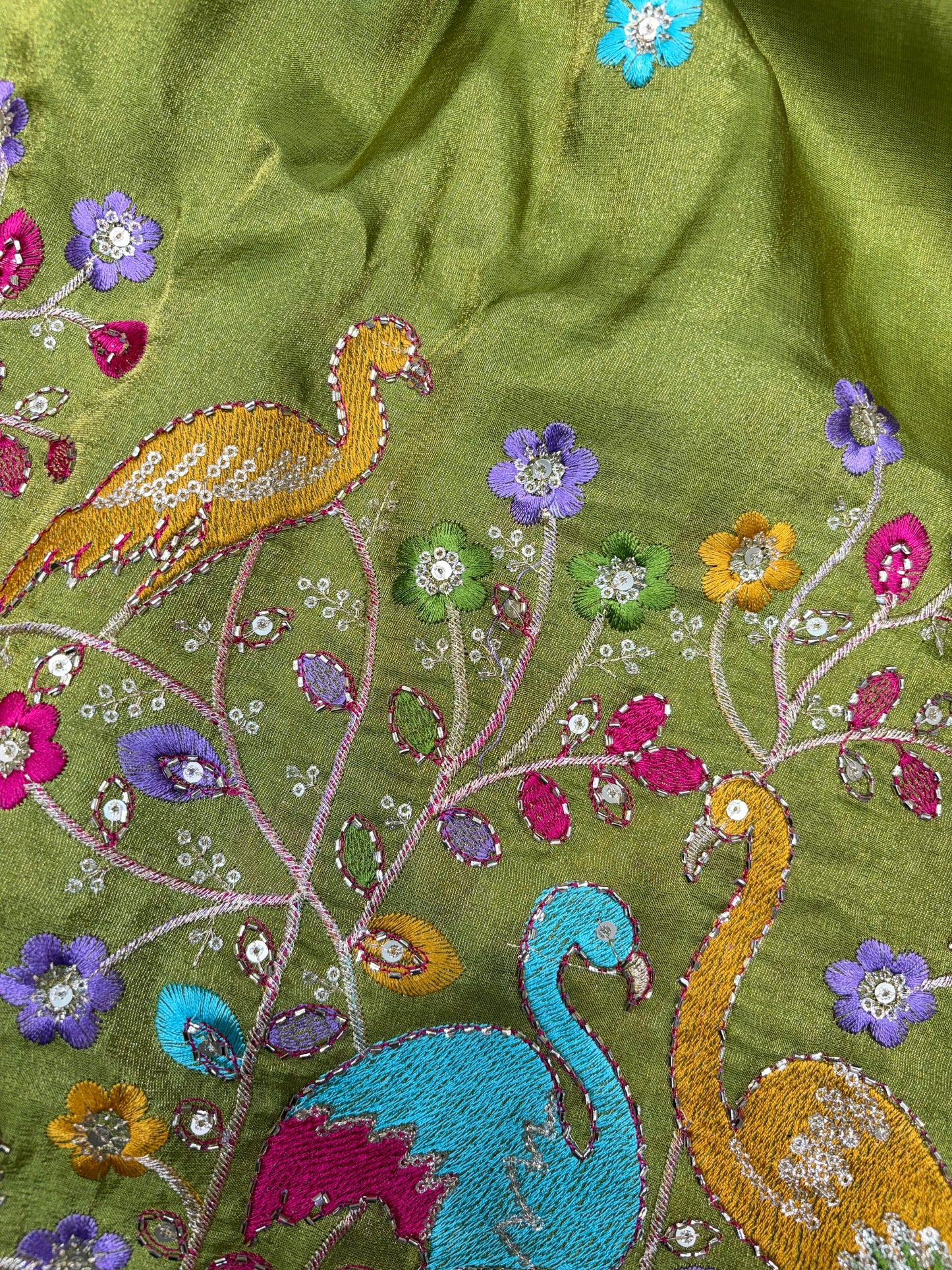 Exclusive pure viscouse tissue silk Peacock Garden Embroidered Fabric 44inch width