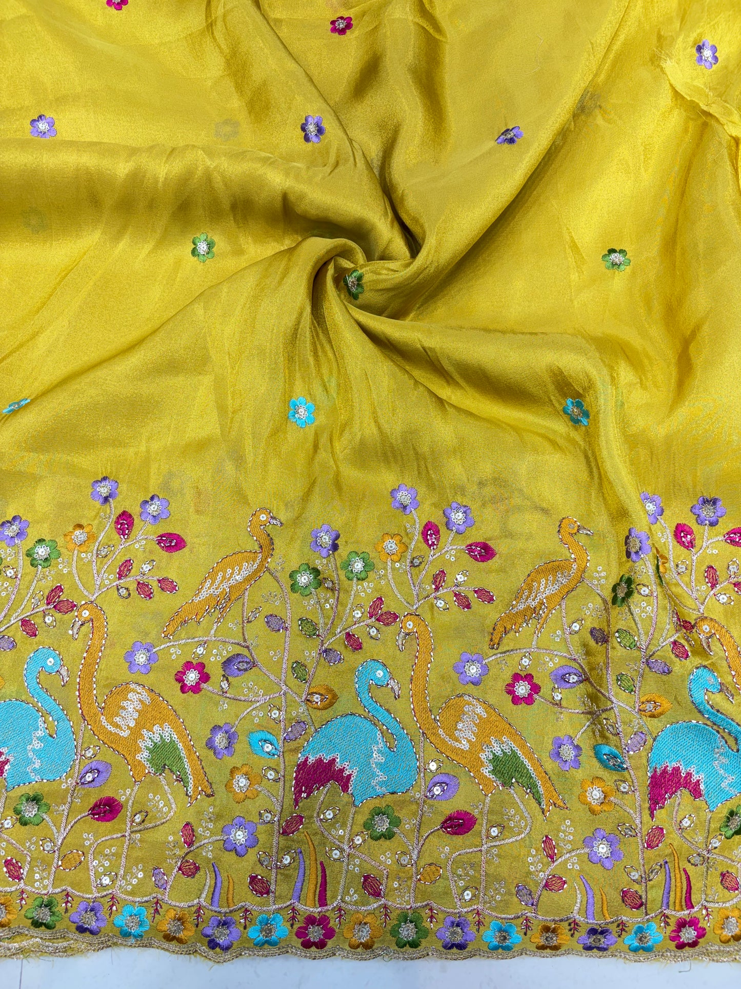Exclusive pure viscouse tissue silk Peacock Garden Embroidered Fabric 44inch width YELLOW