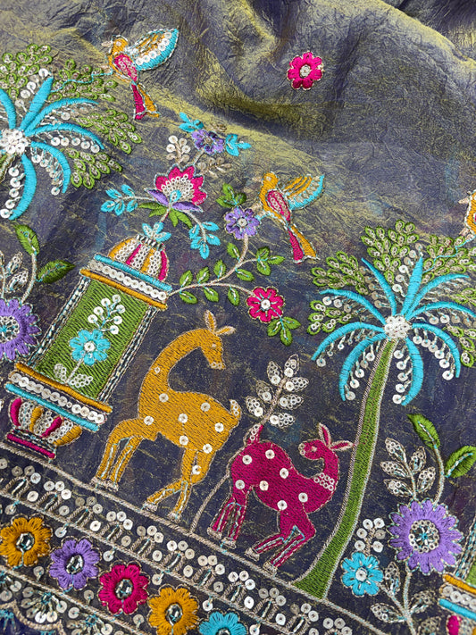 Premium Space Silk Fabric with Multi-Color Deer & Bird Embroidery. 44inch width