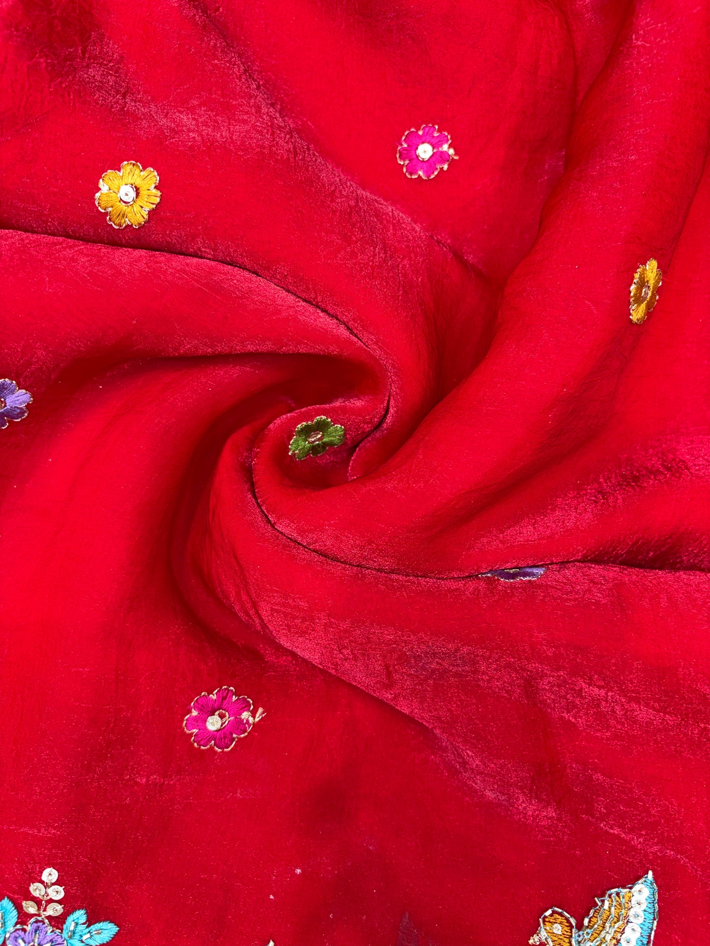 Premium Space Silk Fabric with Multi-Color Deer & Bird Embroidery. 44inch width