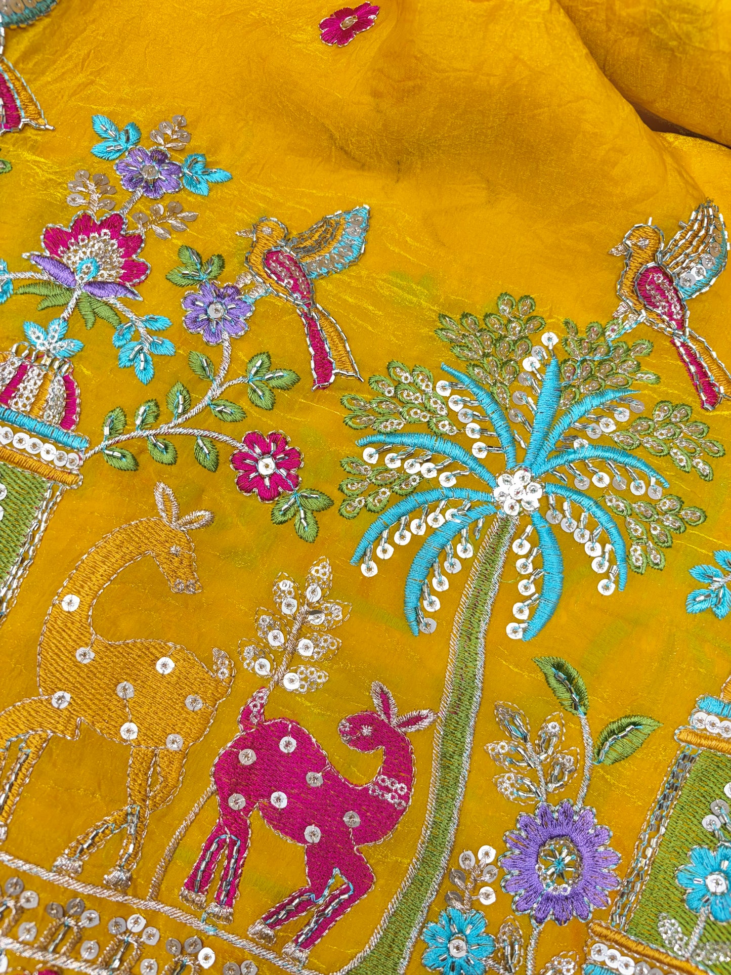 Premium Space Silk Fabric with Multi-Color Deer & Bird Embroidery. 44inch width