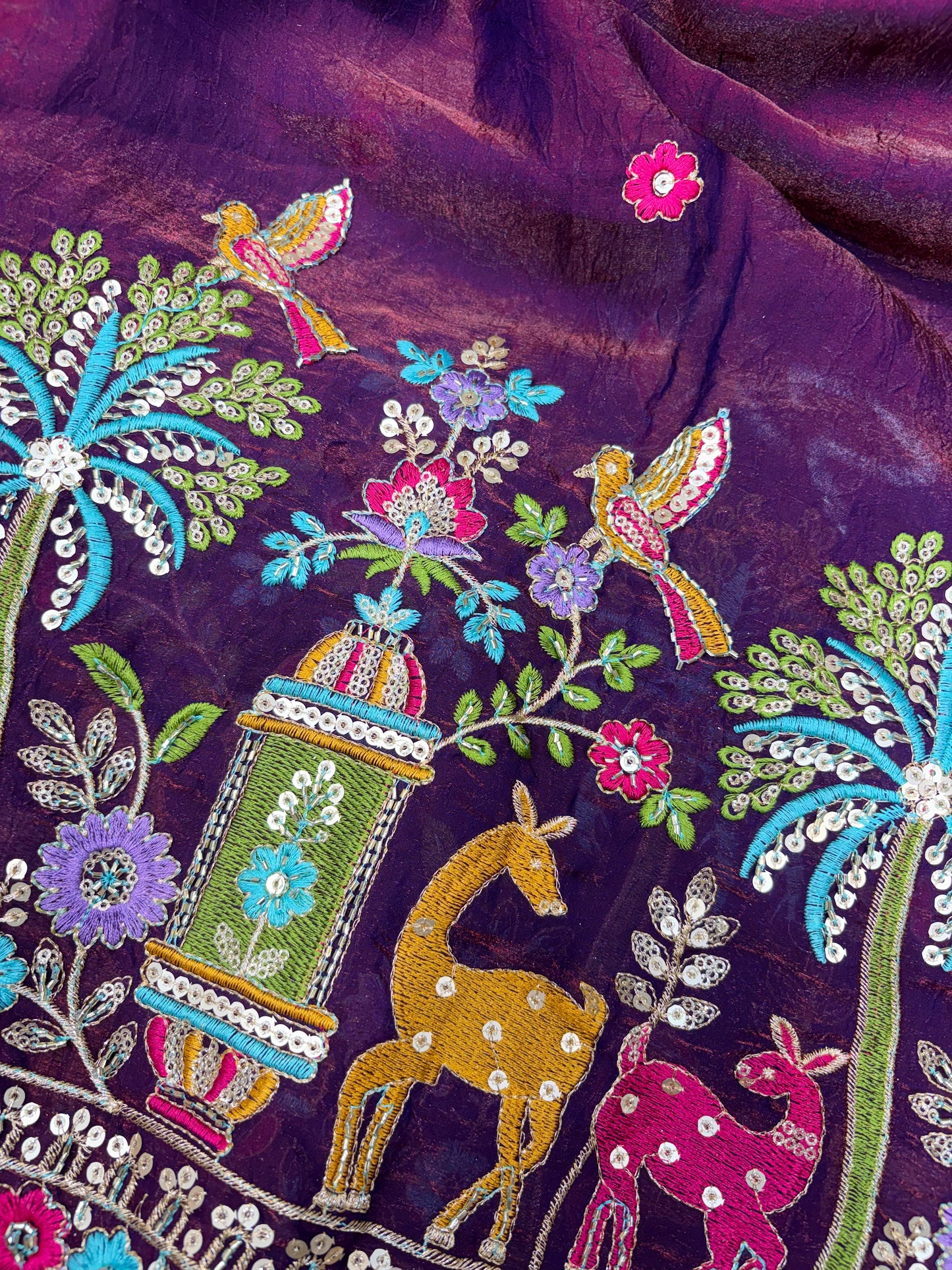 Premium Space Silk Fabric with Multi-Color Deer & Bird Embroidery. 44inch width