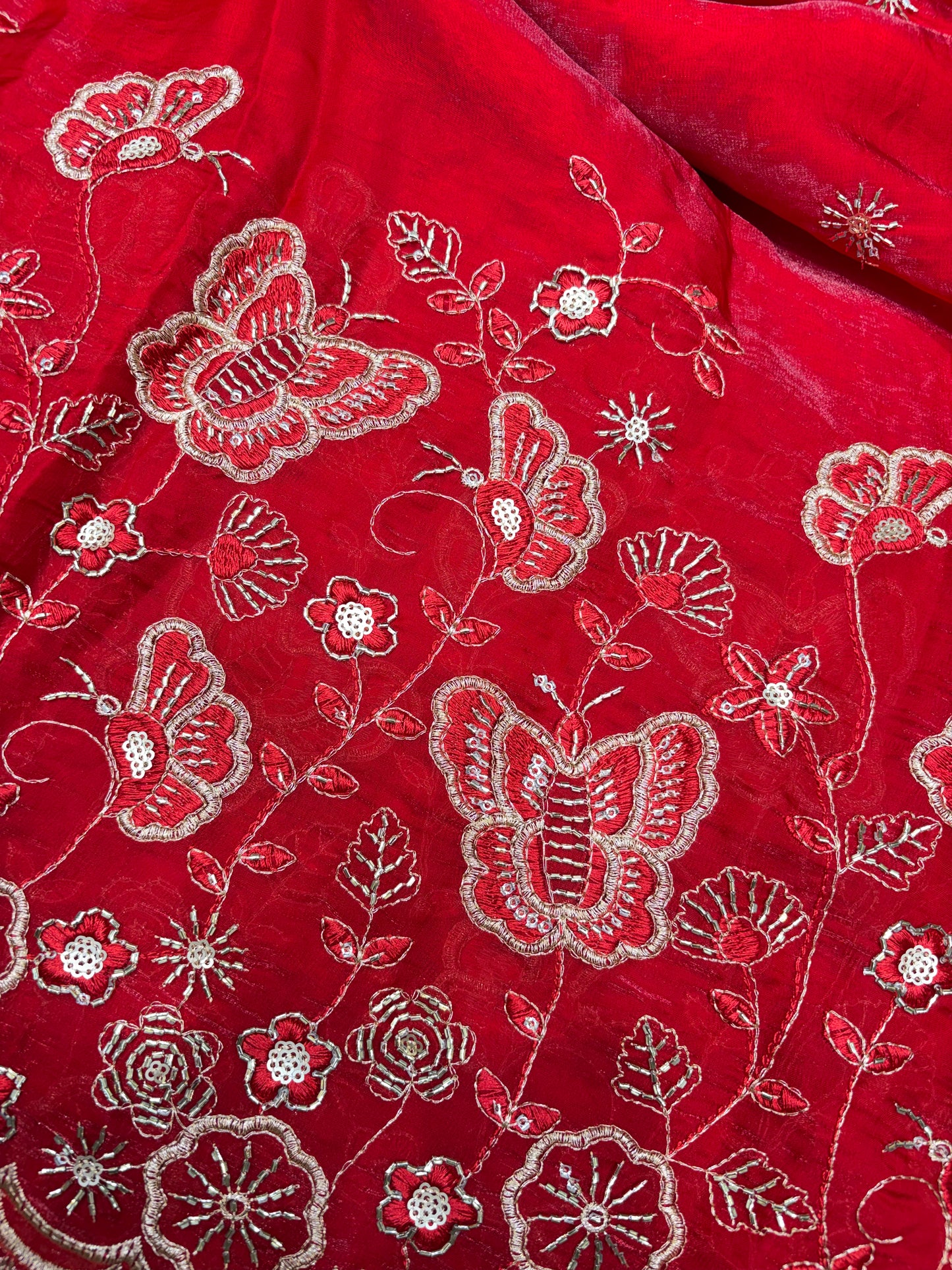 Beautiful Space Silk butterfly design 🦋beats work 44inch width Sare, lehengas , duppats , gowns, kurti , Anarkali’s