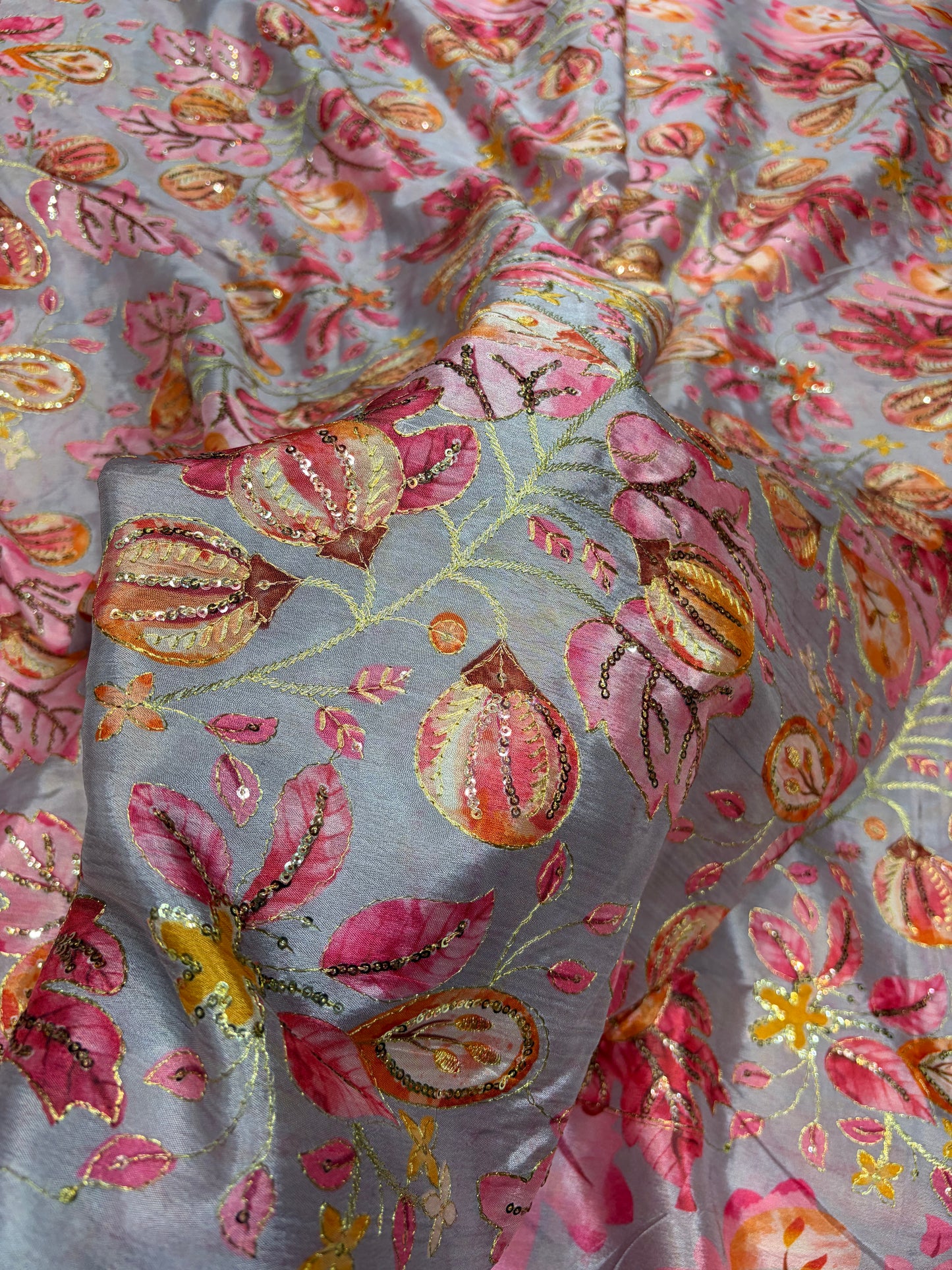 ๐ Pure Chinon: Floral Print with Sequin Work 44width