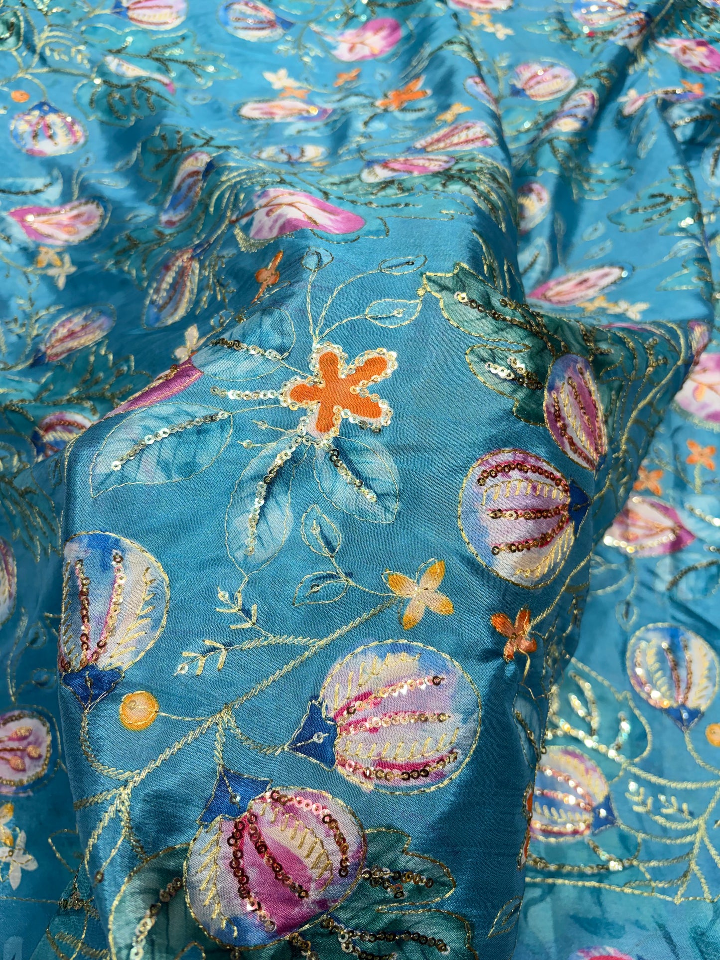 ๐ Pure Chinon: Floral Print with Sequin Work 44width