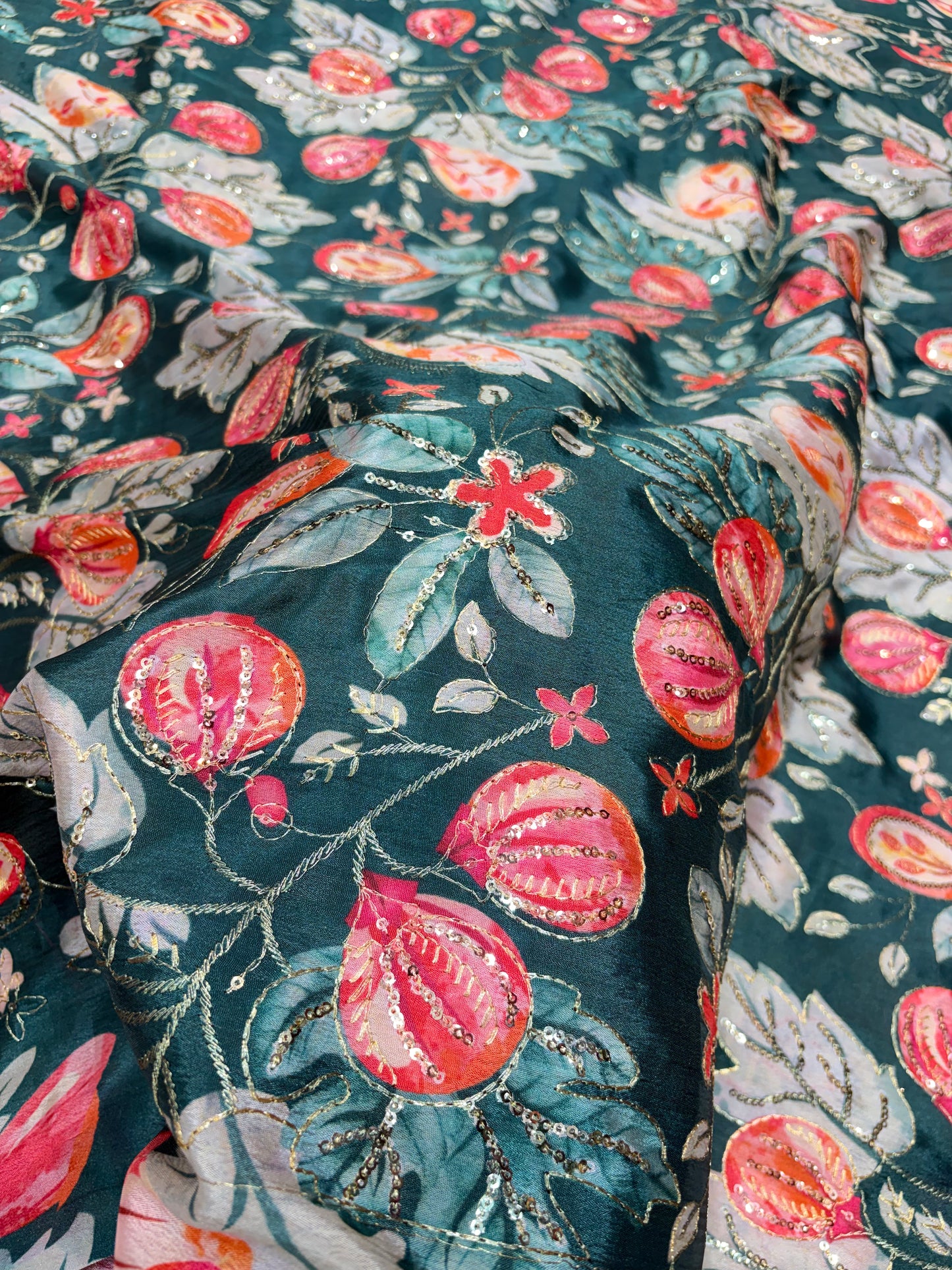 ๐ Pure Chinon: Floral Print with Sequin Work 44width