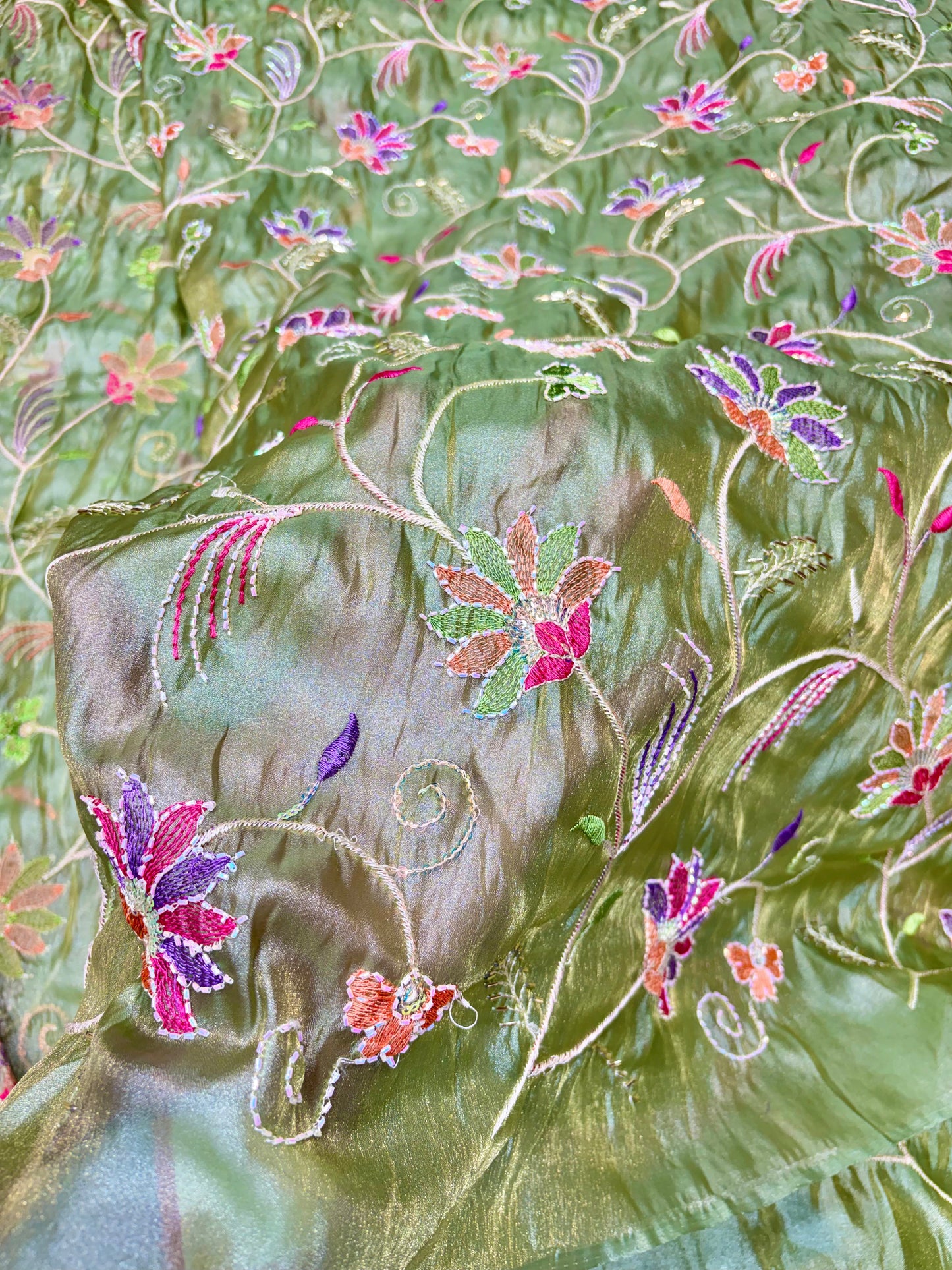 Premium quality Royal Garden Embroidered Tissue Silk Fabric 44inch width