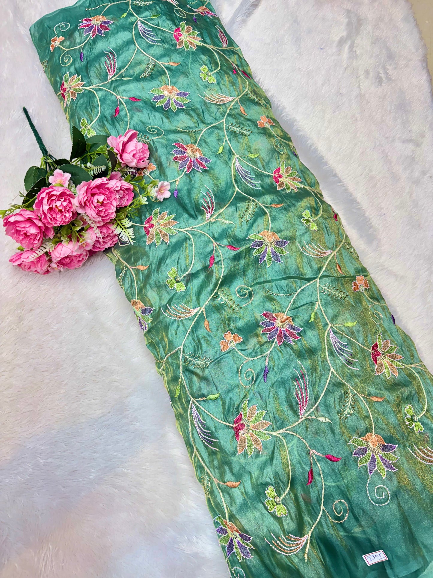 Premium quality Royal Garden Embroidered Tissue Silk Fabric 44inch width
