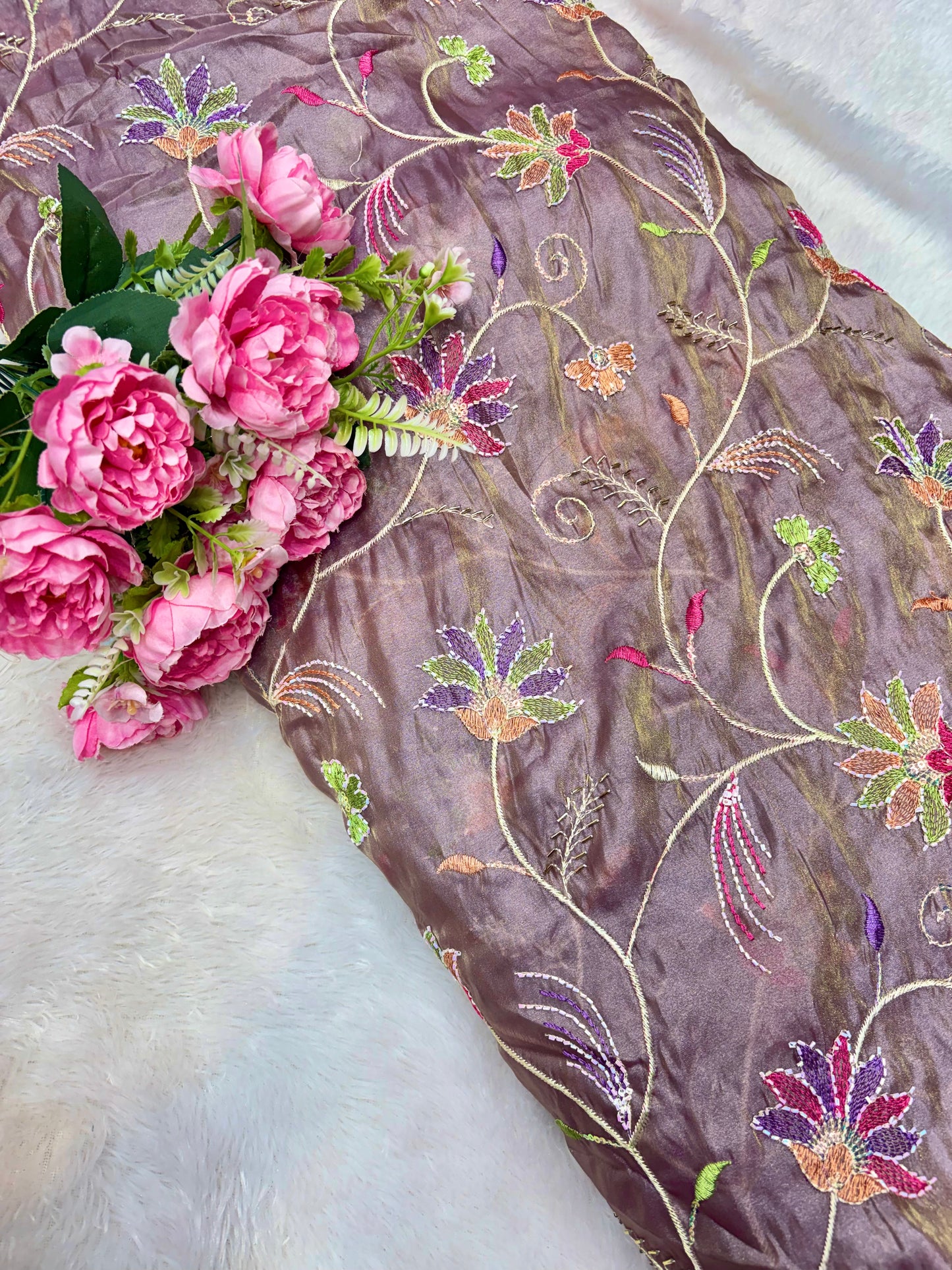 Premium quality Royal Garden Embroidered Tissue Silk Fabric 44inch width