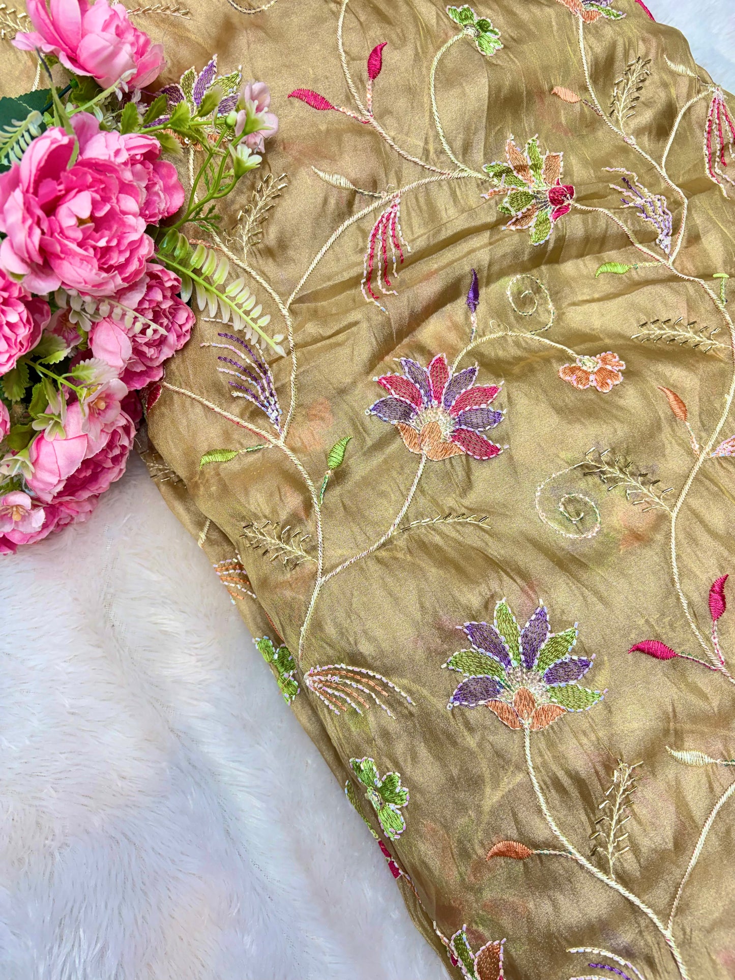 Premium quality Royal Garden Embroidered Tissue Silk Fabric 44inch width
