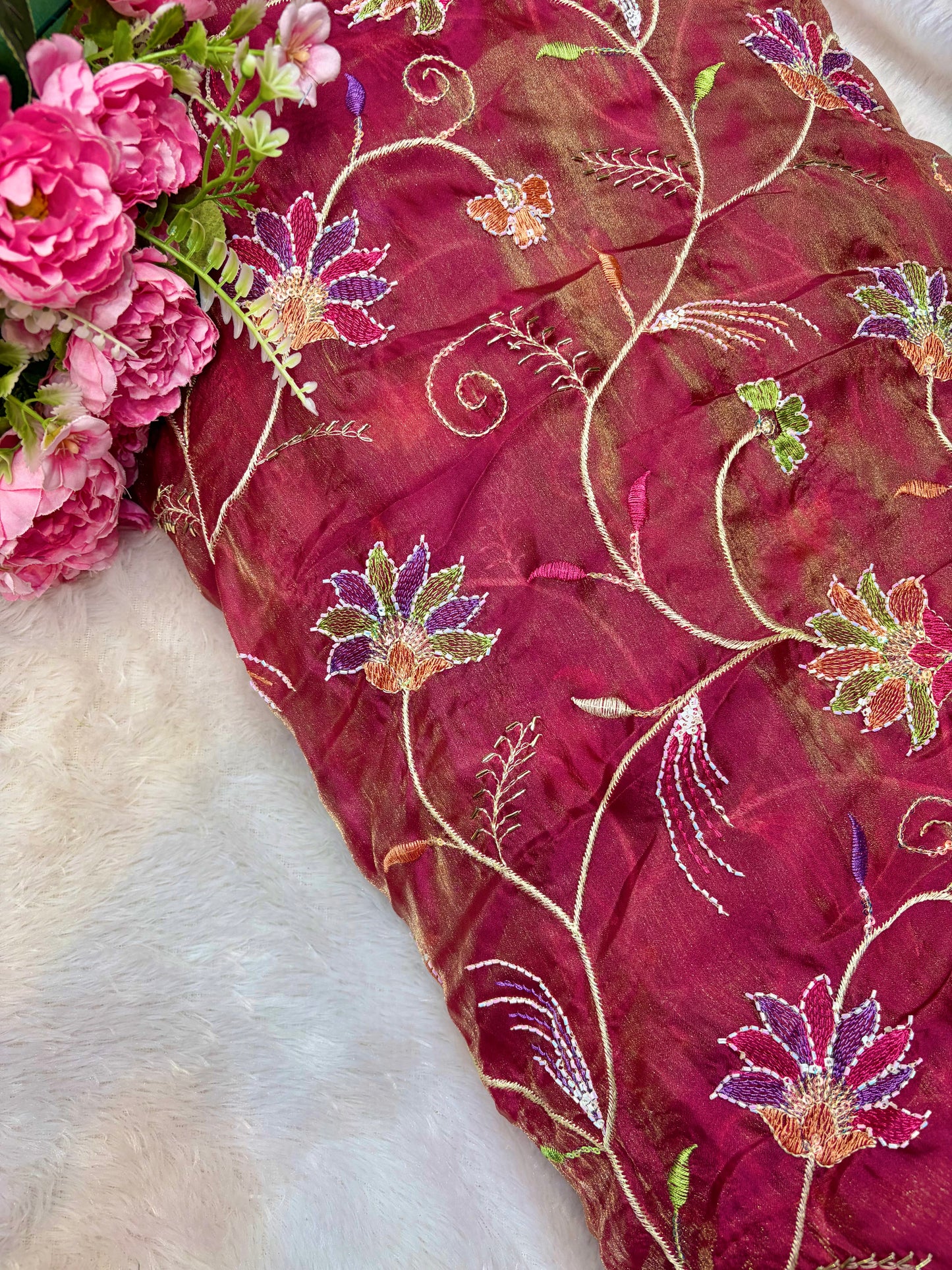 Premium quality Royal Garden Embroidered Tissue Silk Fabric 44inch width