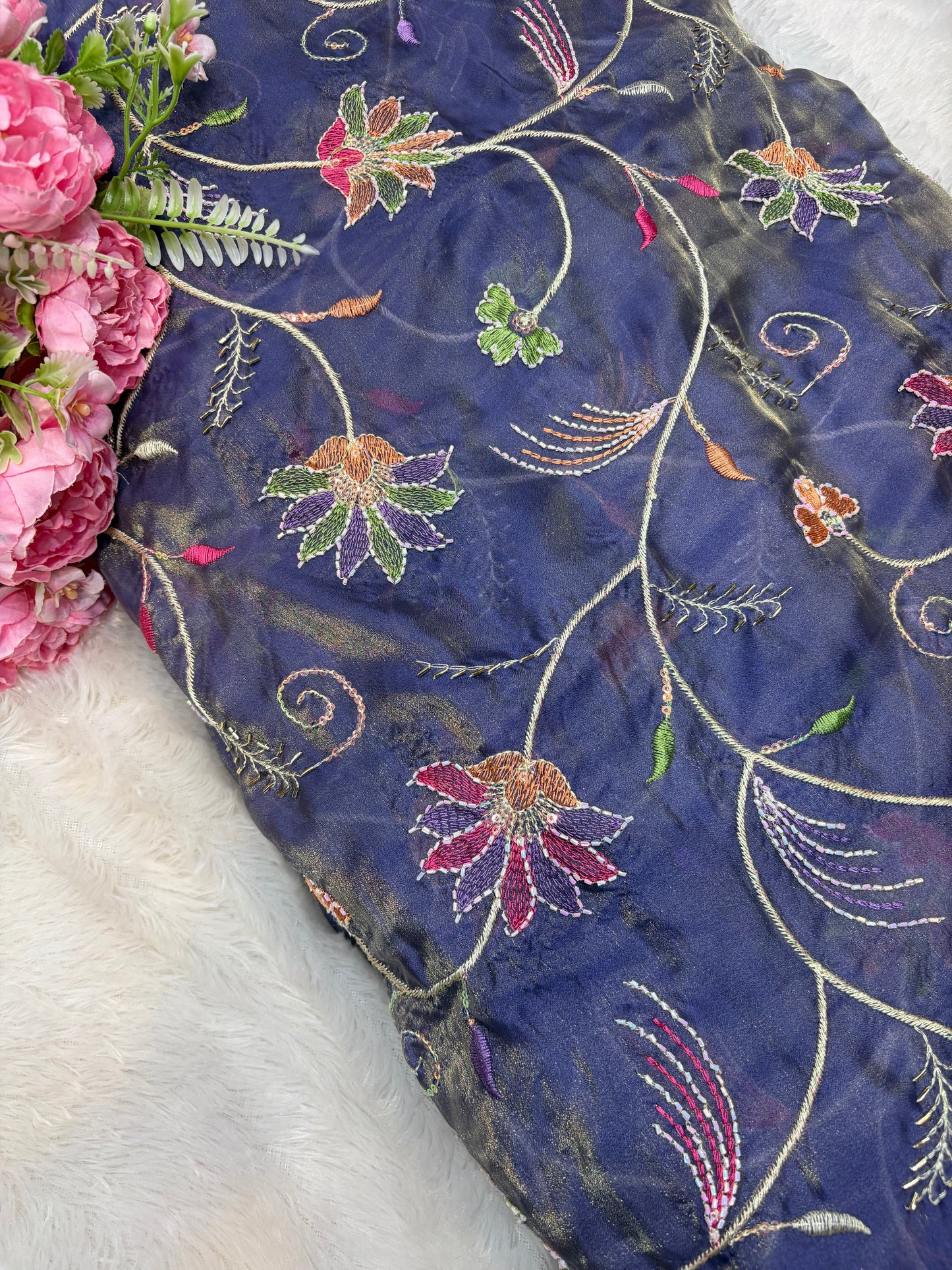 Premium quality Royal Garden Embroidered Tissue Silk Fabric 44inch width