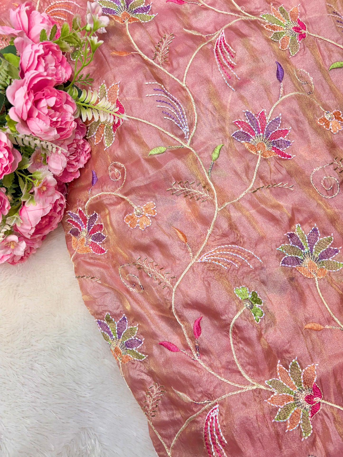 Premium quality Royal Garden Embroidered Tissue Silk Fabric 44inch width