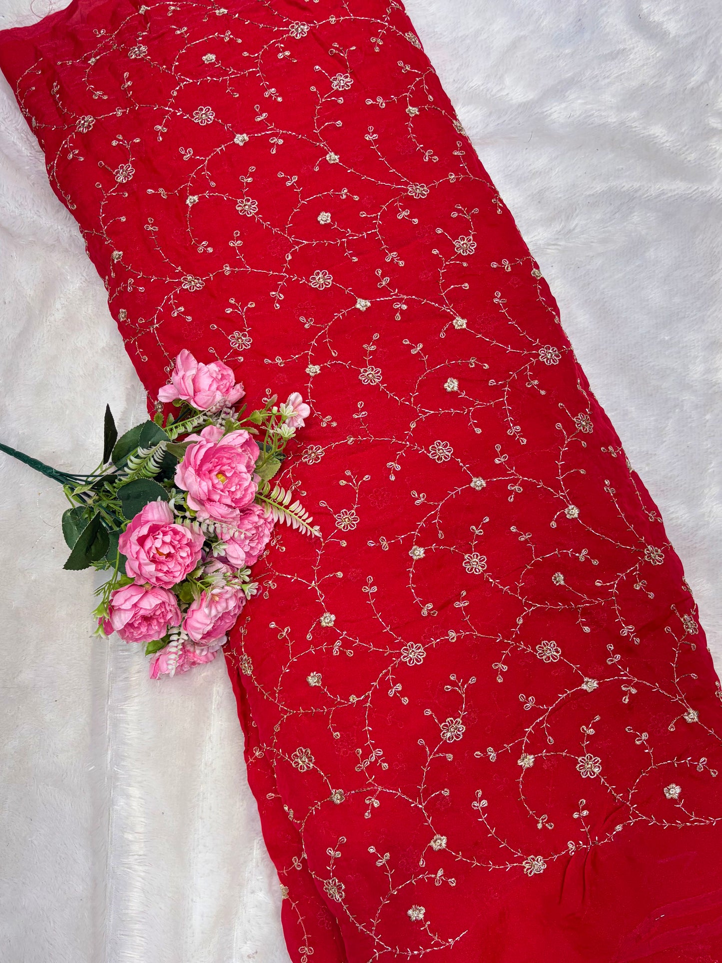 Elegant Bloom Embroidered Fendy Silk Fabric 44inch