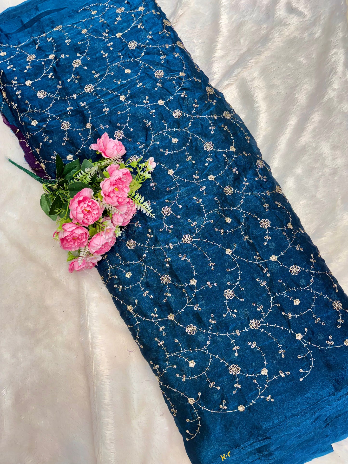 Elegant Bloom Embroidered Fendy Silk Fabric 44inch