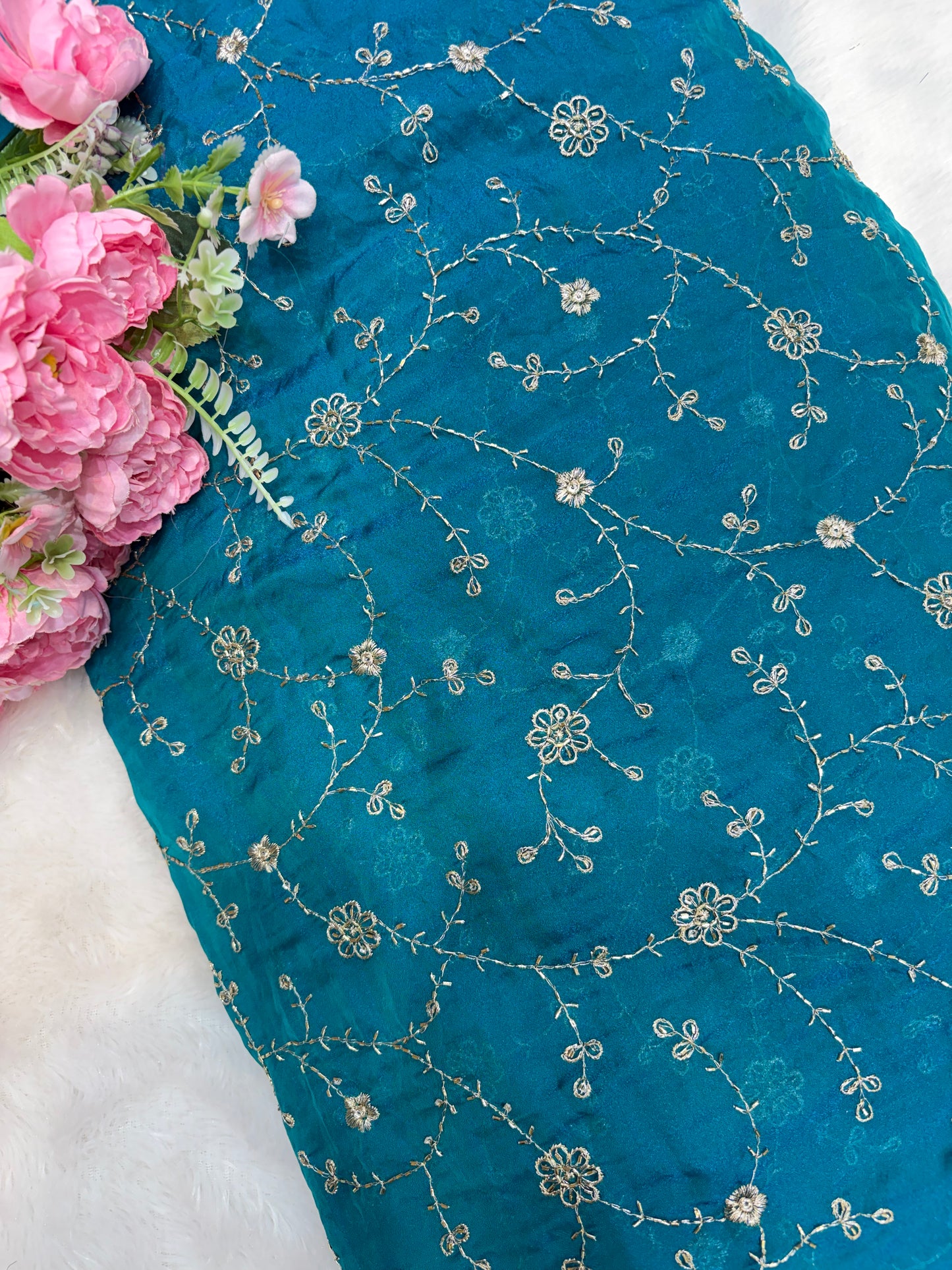 Elegant Bloom Embroidered Fendy Silk Fabric 44inch