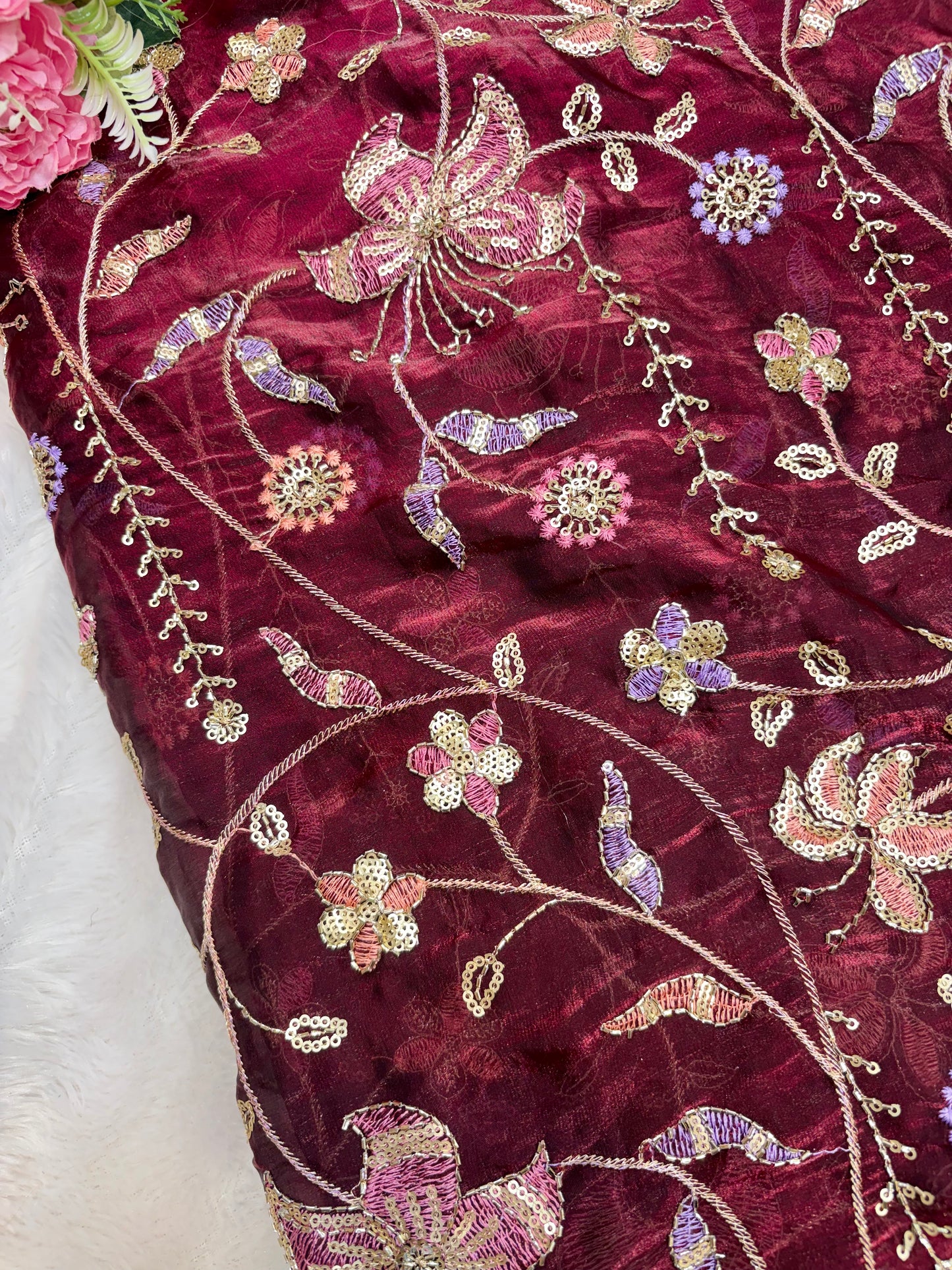 Elegant Bloom Embroidered Fendy Silk Fabric 44inch maroor multi