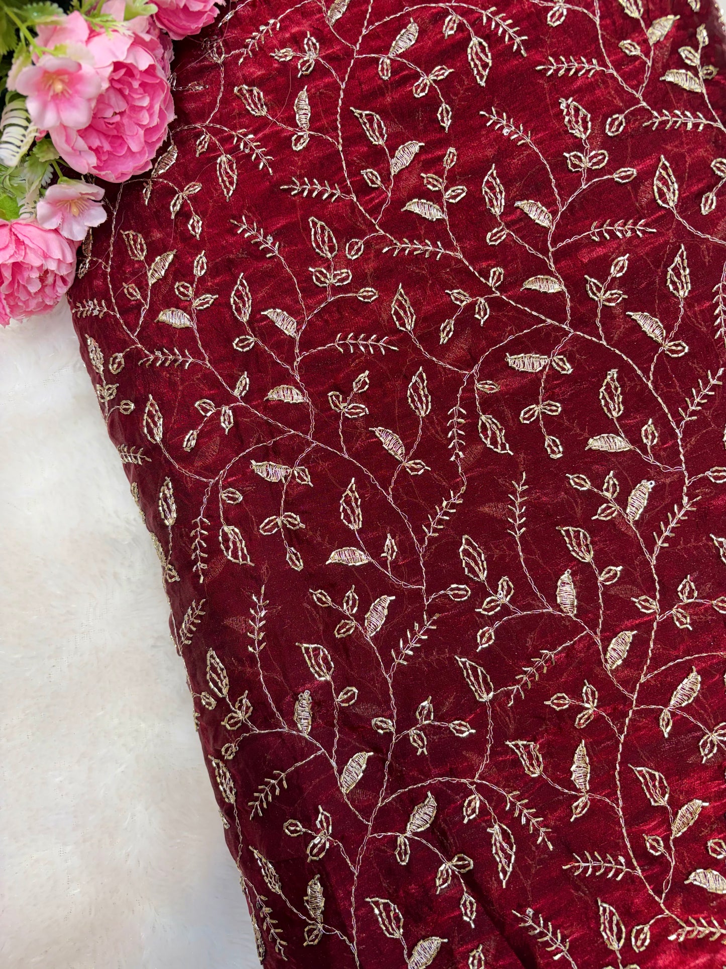 Elegant Bloom Embroidered Fendy Silk Fabric 44inch