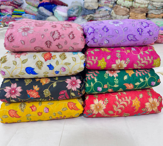 🌸 Elegant chinon Multicolor all over position, Printed Silk Blend Fabric 44.-45 inch BLACK