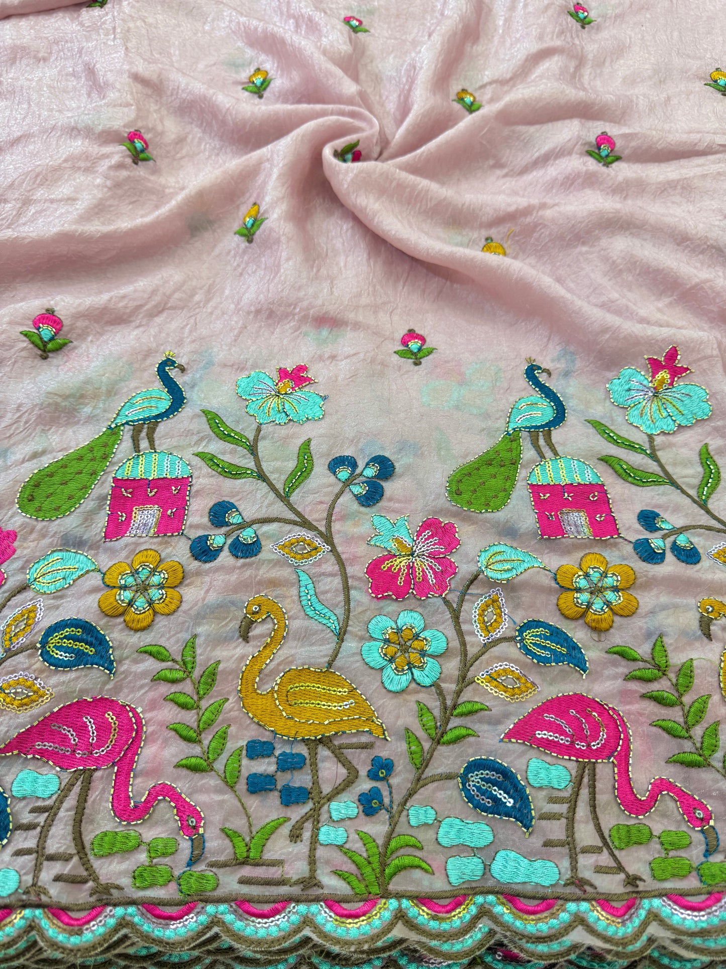 💕Beautiful 🦚 peacock Desing fendy fabric border flamingo fabrics 44-45inch width