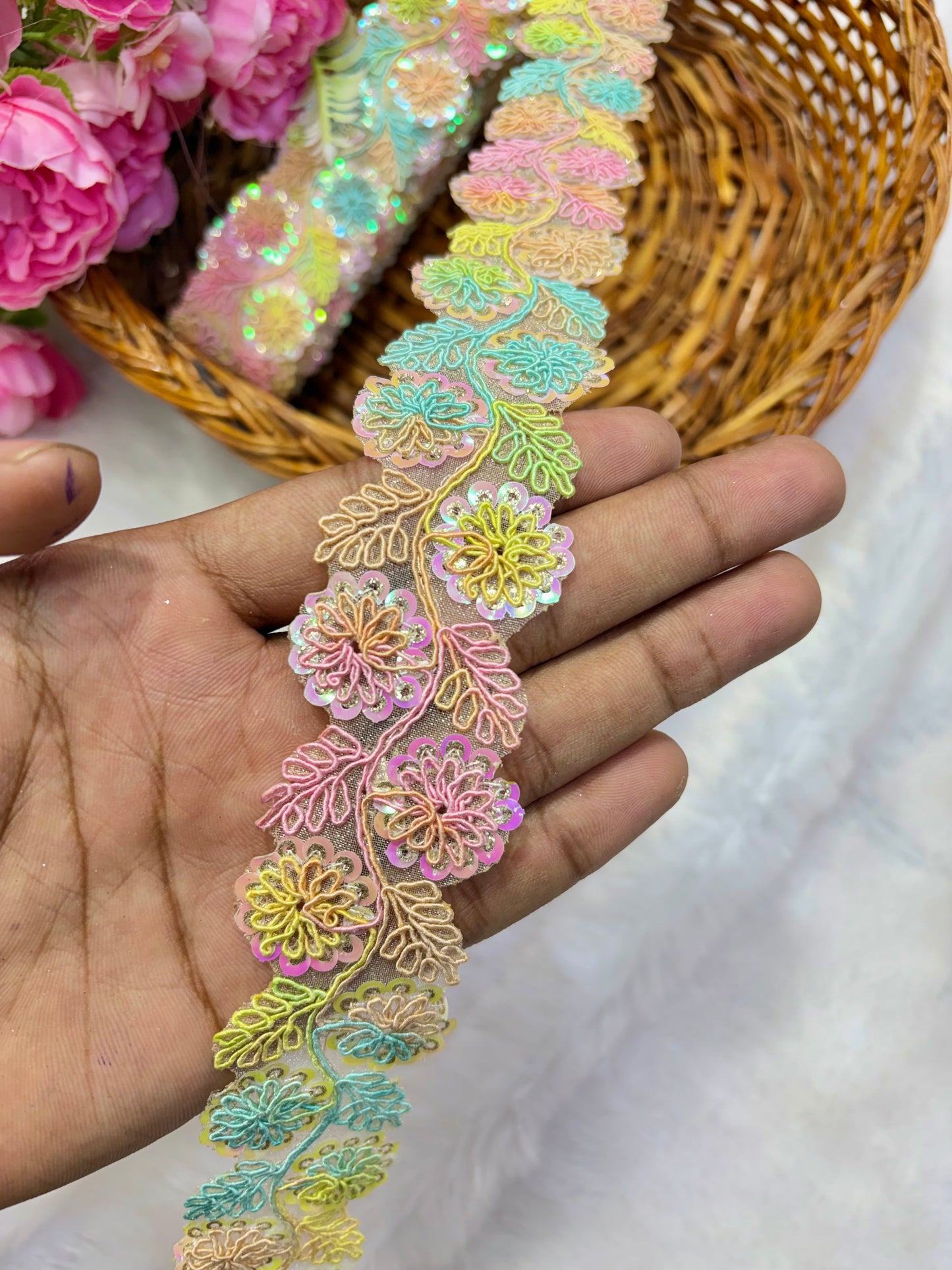 Pastel Bloom Sequin Embroidered Lace Border Sare ,Lehenga, Anarkali, pack of 9 meter (multii colour)