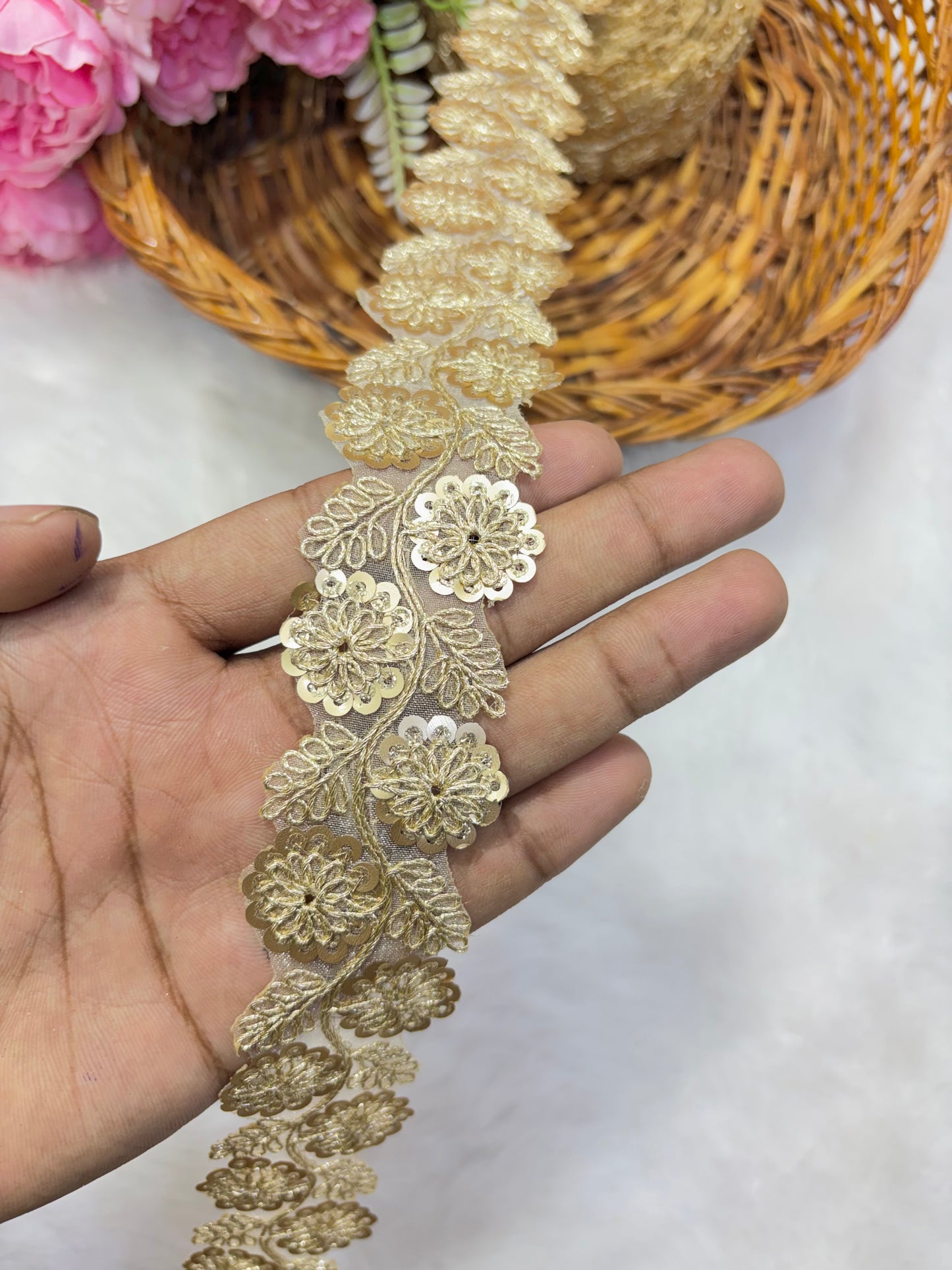 Pastel Bloom Sequin Embroidered Lace Border Sare ,Lehenga, Anarkali, pack of 9 meter( gold)