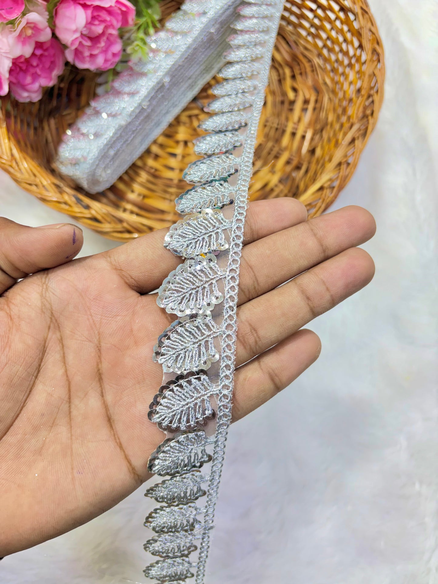 Pastel Bloom Sequin Embroidered Lace Border Sare ,Lehenga, Anarkali, pack of 9 meter silver