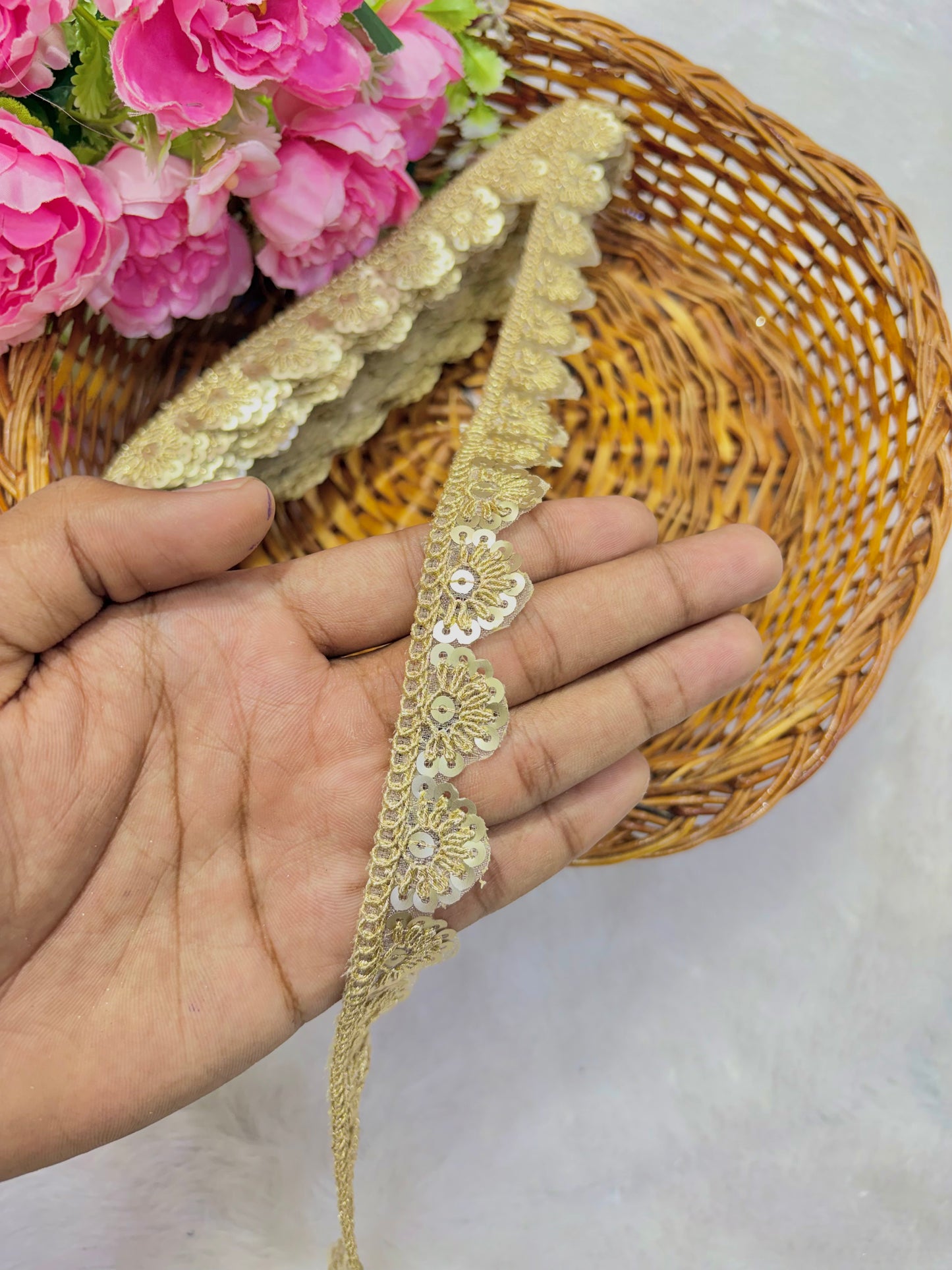 Pastel Bloom Sequin Embroidered Lace Border Sare ,Lehenga, Anarkali, pack of 9 meter golden