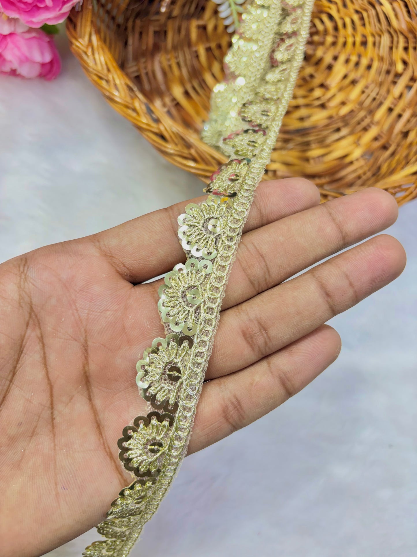 Pastel Bloom Sequin Embroidered SMALL LACE Lace Border Sare ,Lehenga, Anarkali, pack of 9 meter cutwork PANI COLOURgold