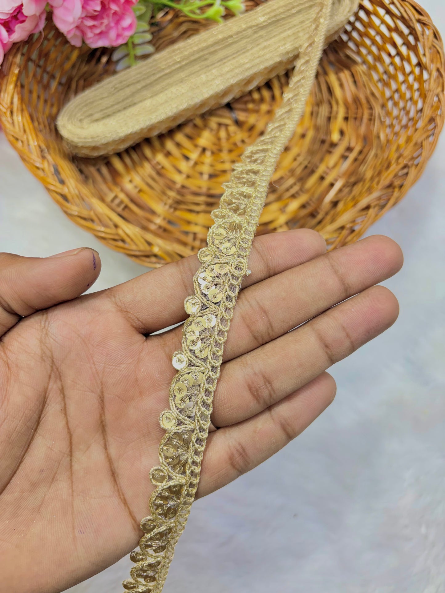 Pastel Bloom Sequin Embroidered Lace Border Sare ,Lehenga, Anarkali, pack of 9 meter