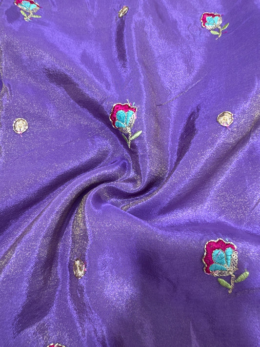 Viscouse tissue multi embroidery 🦚peacock Desing border 🌸44inch width lavender