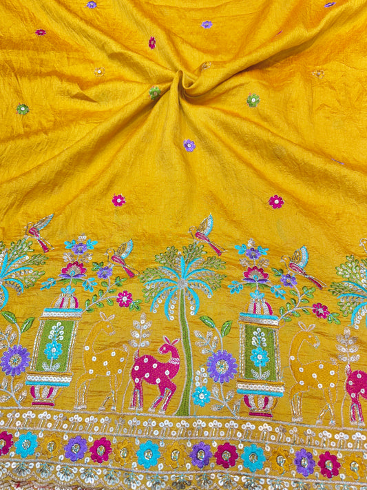 vichitra silk Luxury Embroidered Fabric with Sequins & Multicolor Threadwork