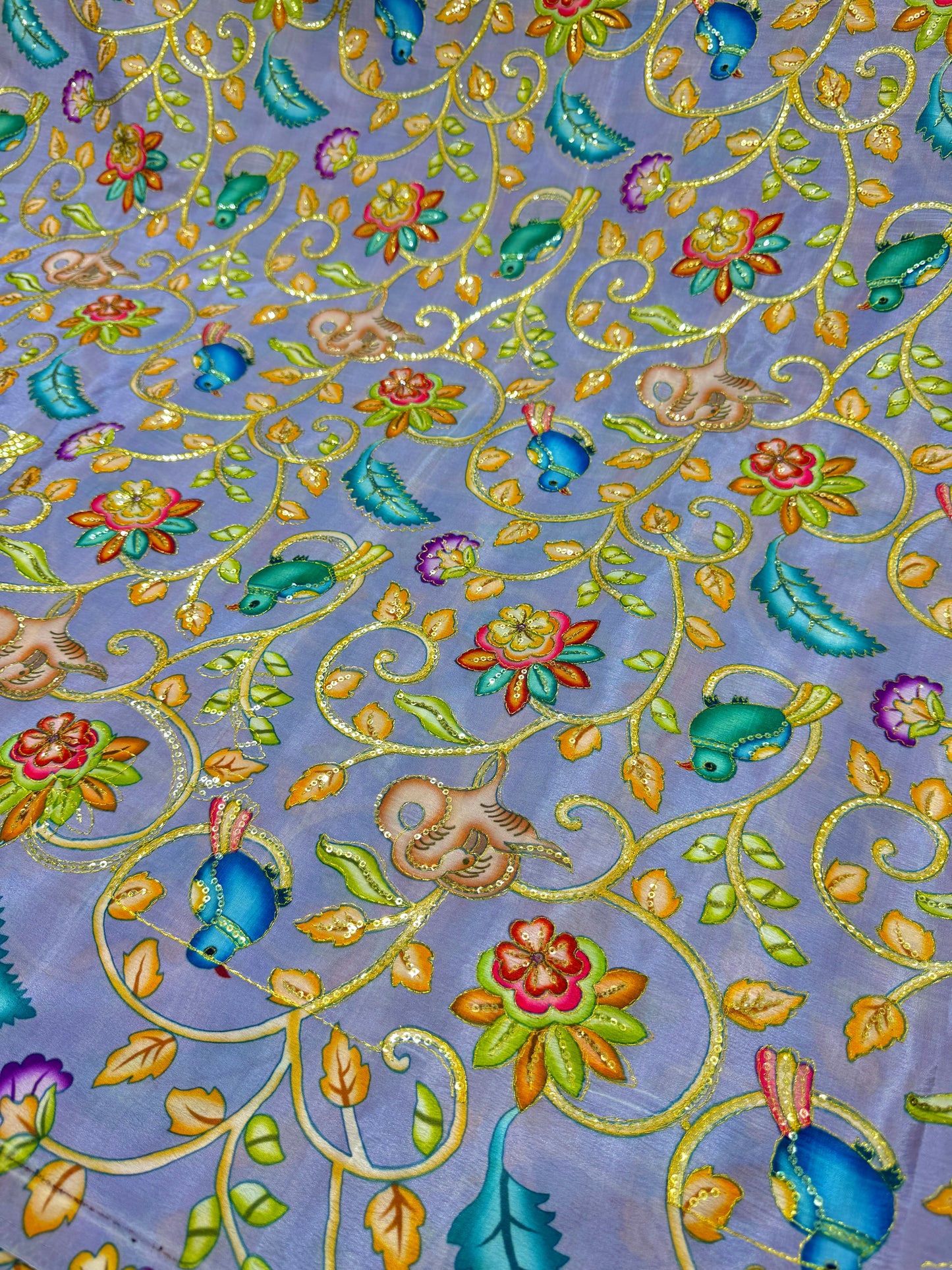 Luxury grey Silk french crepe Fabric with Nature-Inspired Embroidery kalamkari birds desig 44width