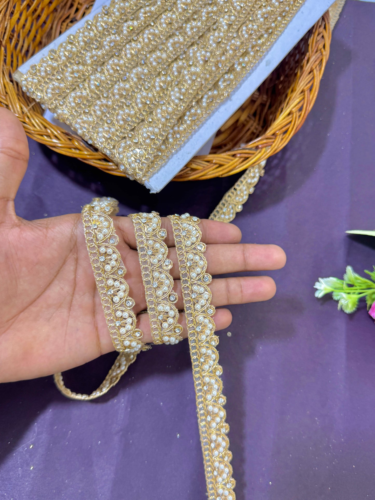 luxury✨ Golden Pearl & Stone Embroidered Lace Trim – 9 Meters ✨