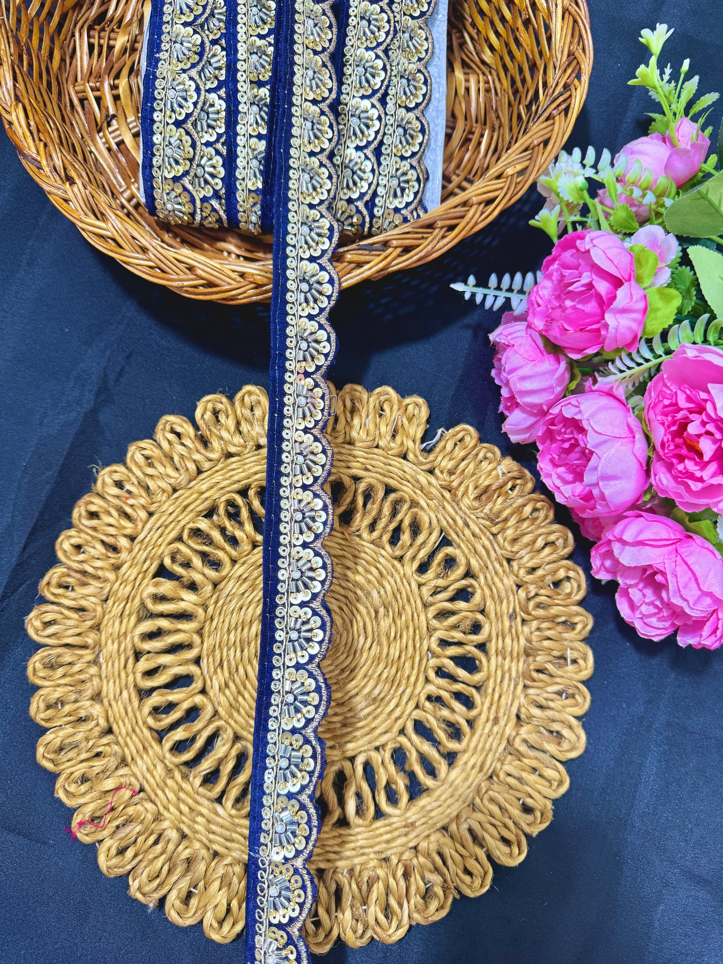 Exclusive Katdana Maggam Work with sequins Saree Lace border – 9 Meters, 1.5 Inch Embroidered Border for Sarees, Lehengas & Dupattas