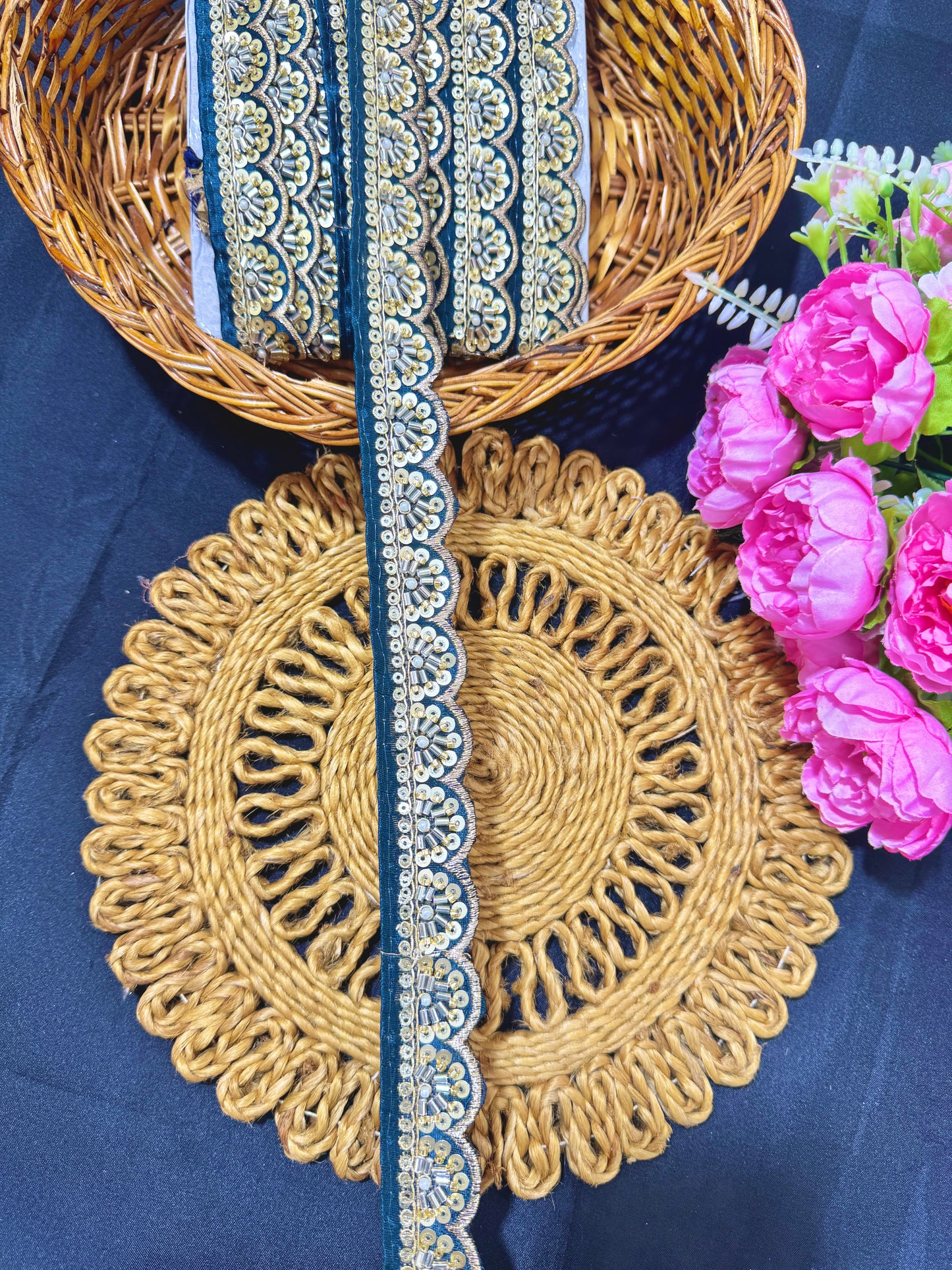 Exclusive Katdana Maggam Work with sequins Saree Lace border – 9 Meters, 1.5 Inch Embroidered Border for Sarees, Lehengas & Dupattas
