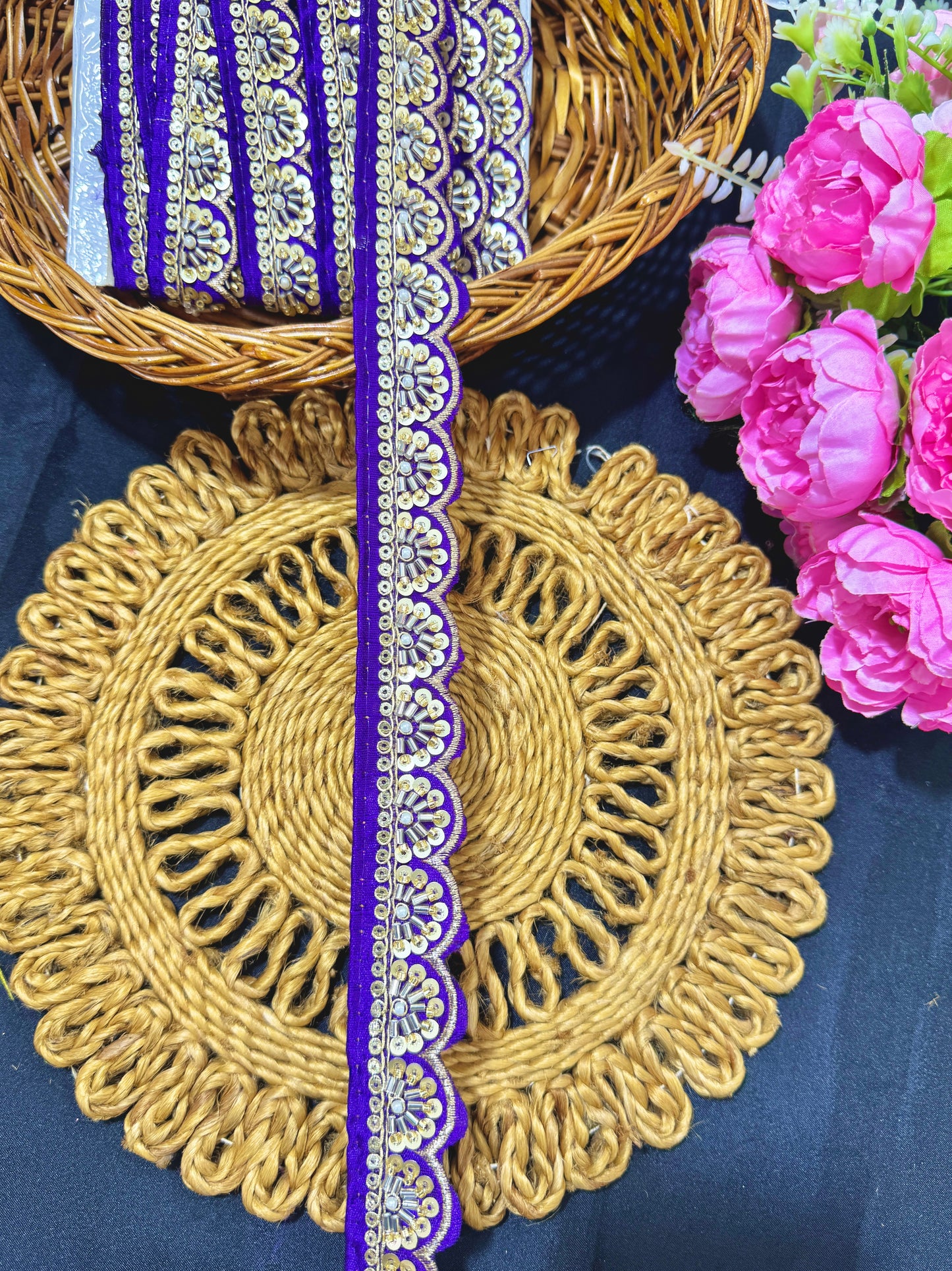 Exclusive Katdana Maggam Work with sequins Saree Lace border – 9 Meters, 1.5 Inch Embroidered Border for Sarees, Lehengas & Dupattas