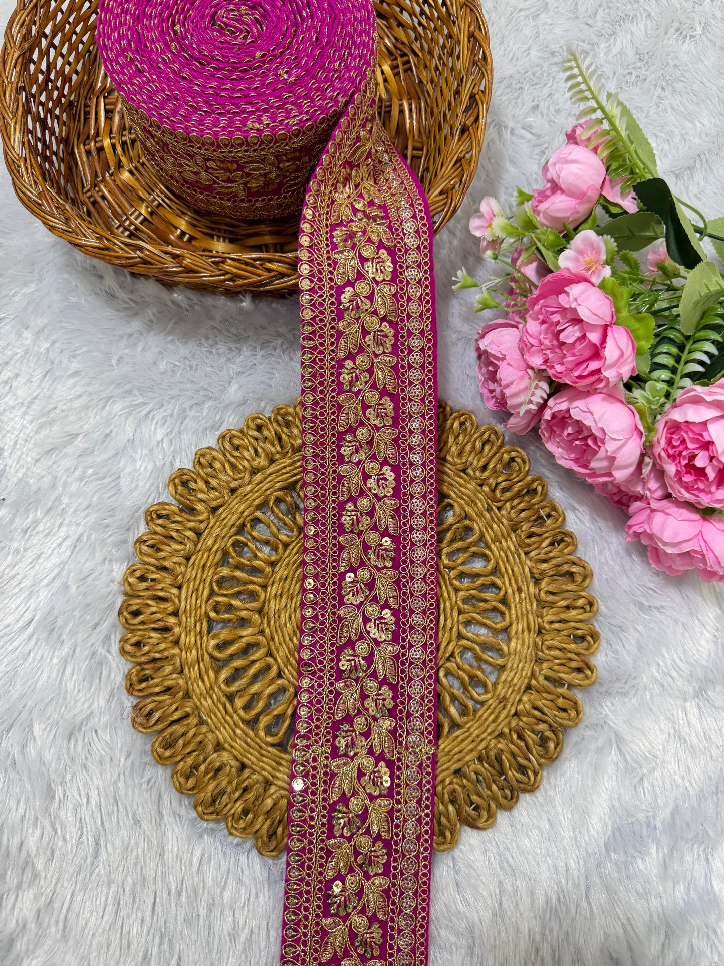 Premium velvet 3 inch gold Zari with sequins Embroidered border for sarees lehengas & Duppata’s Border 9 meterPINK