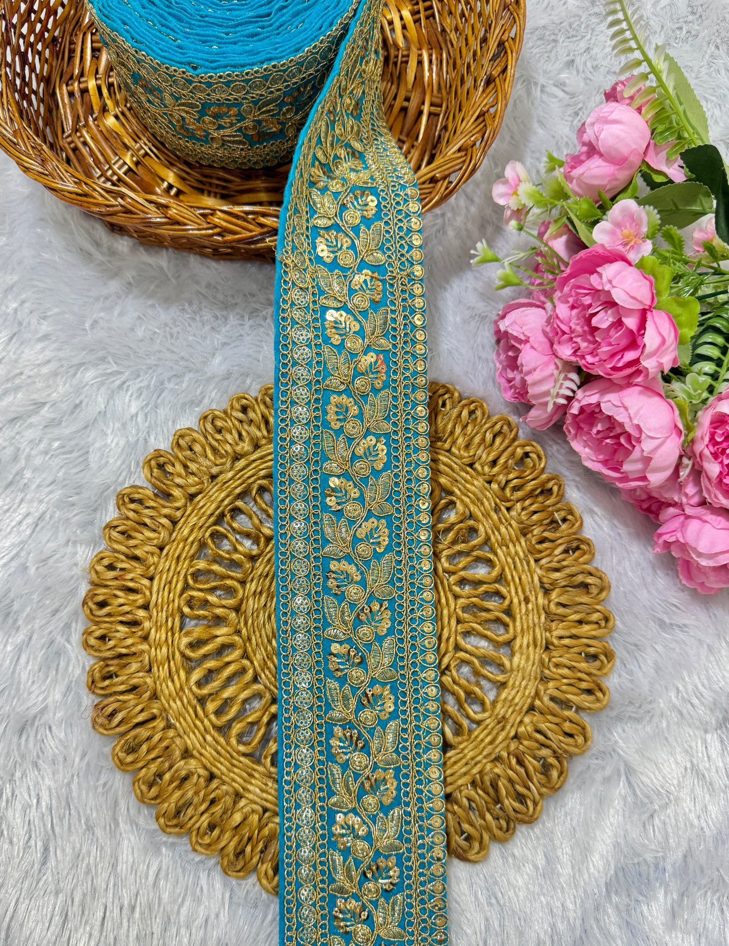 Premium velvet 3 inch gold Zari with sequins Embroidered border for sarees lehengas & Duppata’s Border 9 meter