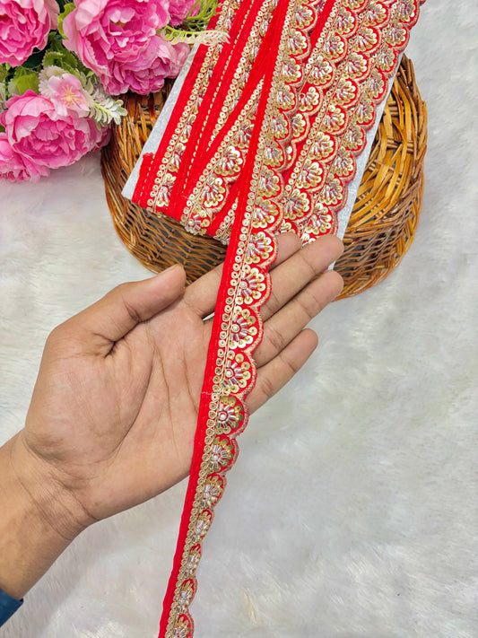 Premium Handmade Maggam Scallop Lace Border | Heavy Embroidered Designer Trim (Pack of 9 meter) cut work lace border(red)