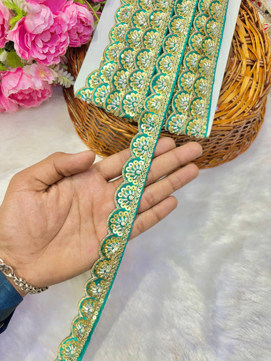 Premium Handmade Maggam Scallop Lace Border | Heavy Embroidered Designer Trim (Pack of 9 meter) cut work lace border(green)