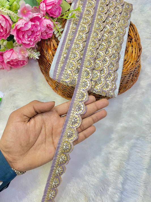 Premium Handmade Maggam Scallop Lace Border | Heavy Embroidered Designer Trim (Pack of 9 meter) cut work lace border(lavender)